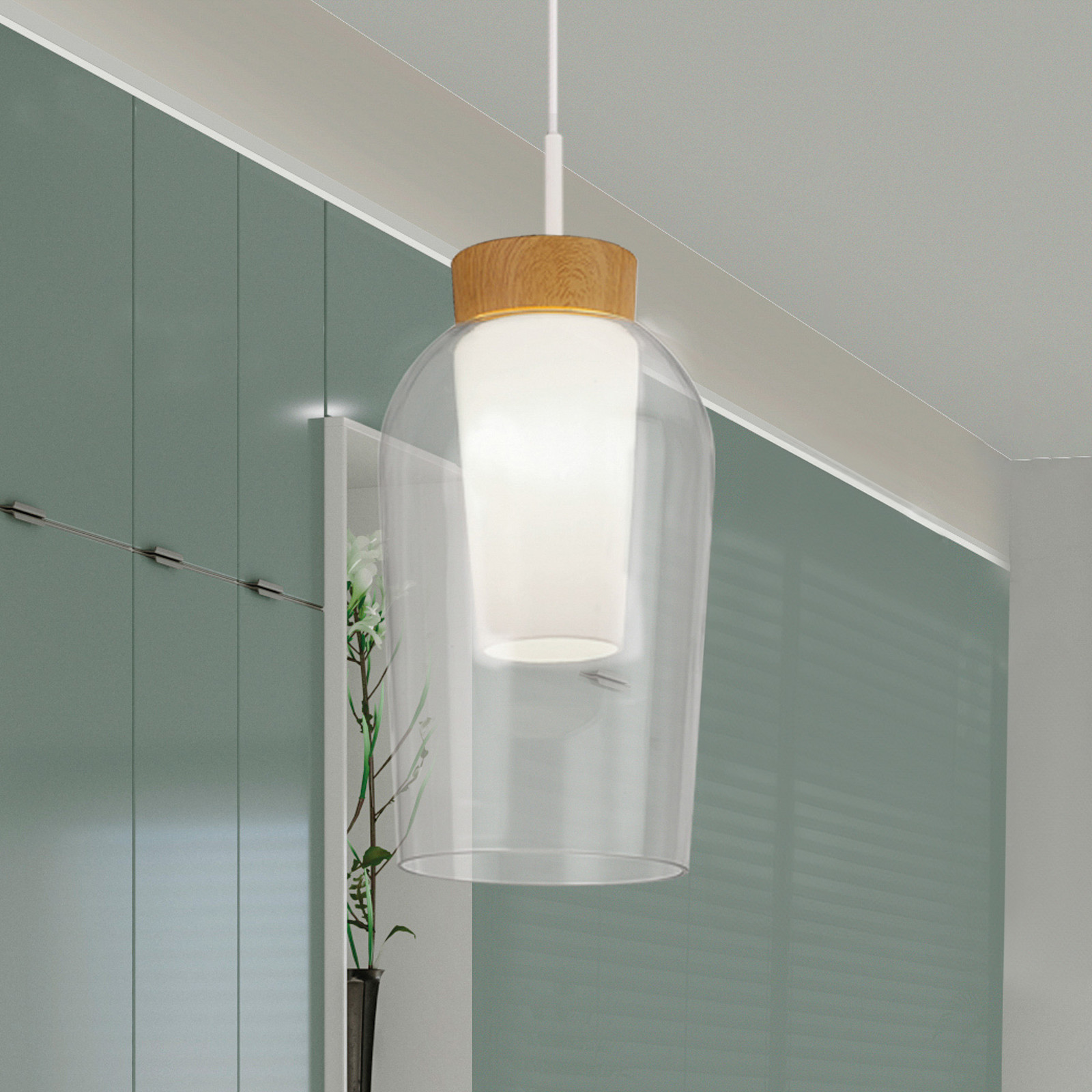 Mantra Iluminación Viseća lampa Nora, jedna žarulja, bijela, prozirna, staklo - Dnevni boravak/blagovaonica - bijelo, prozirno, svijetlo drvo