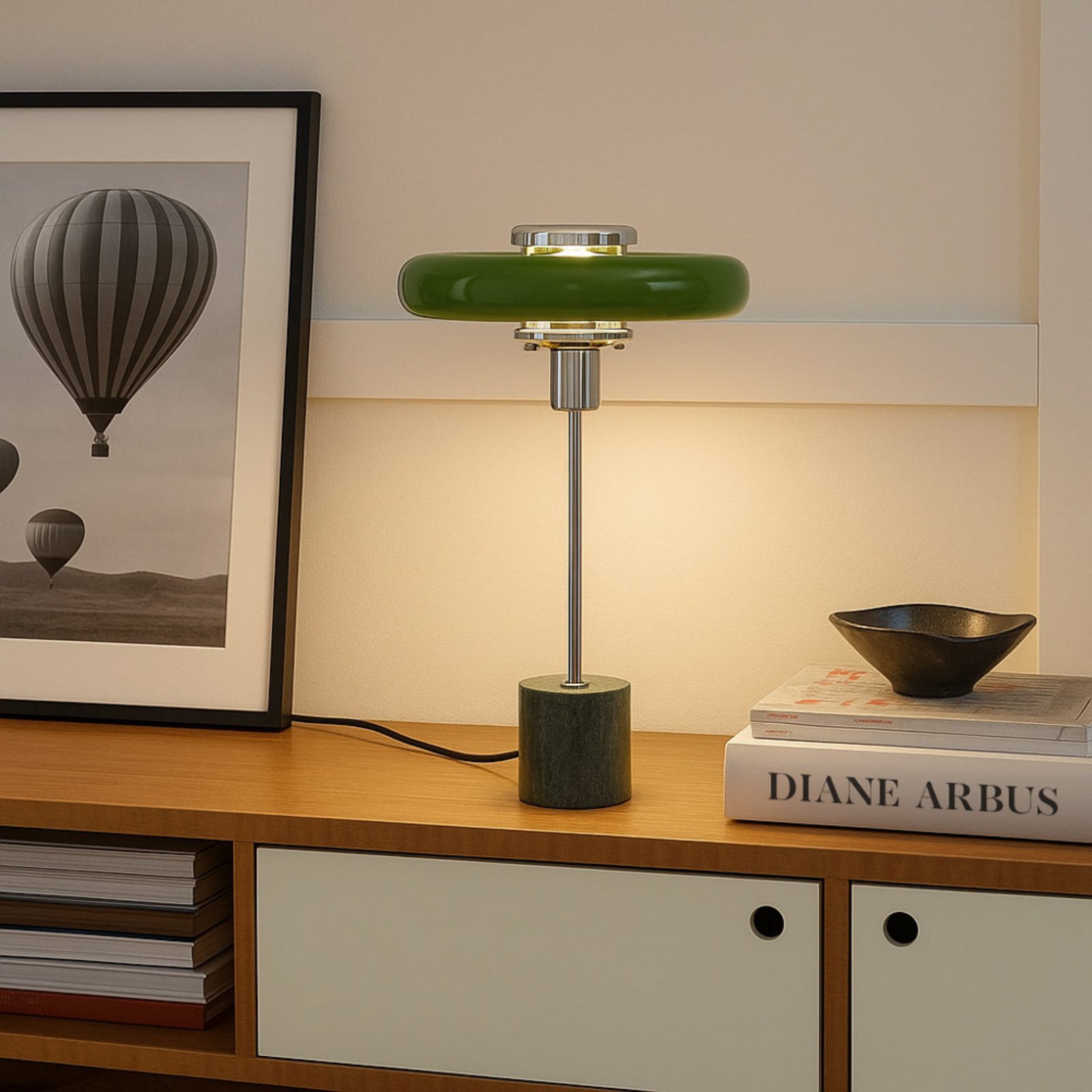 Lindby Tischleuchte Branford, Retro, grün, Metall/Marmor