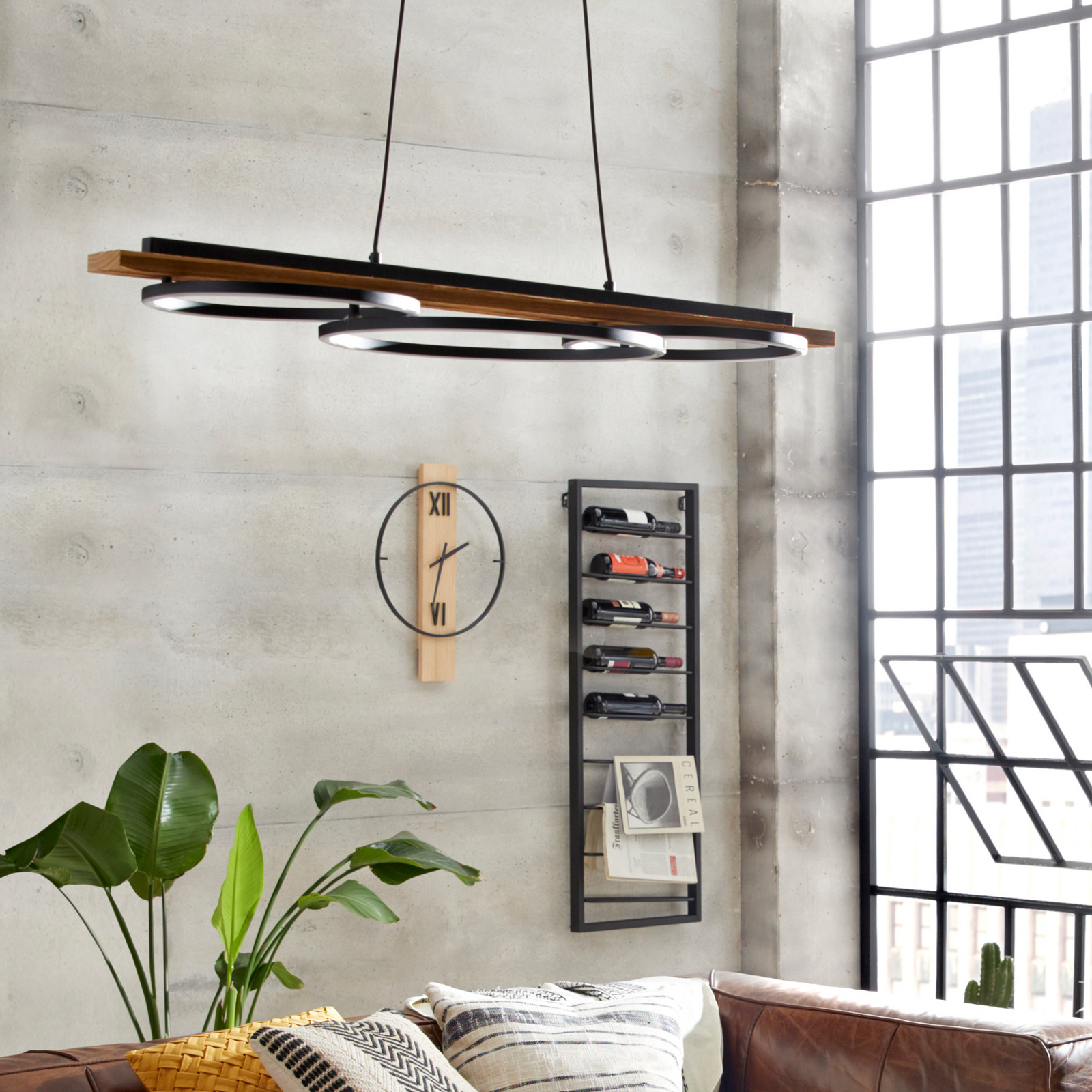 Suspension LED Boyal, brun, longueur 101 cm, bois, 3 lampes