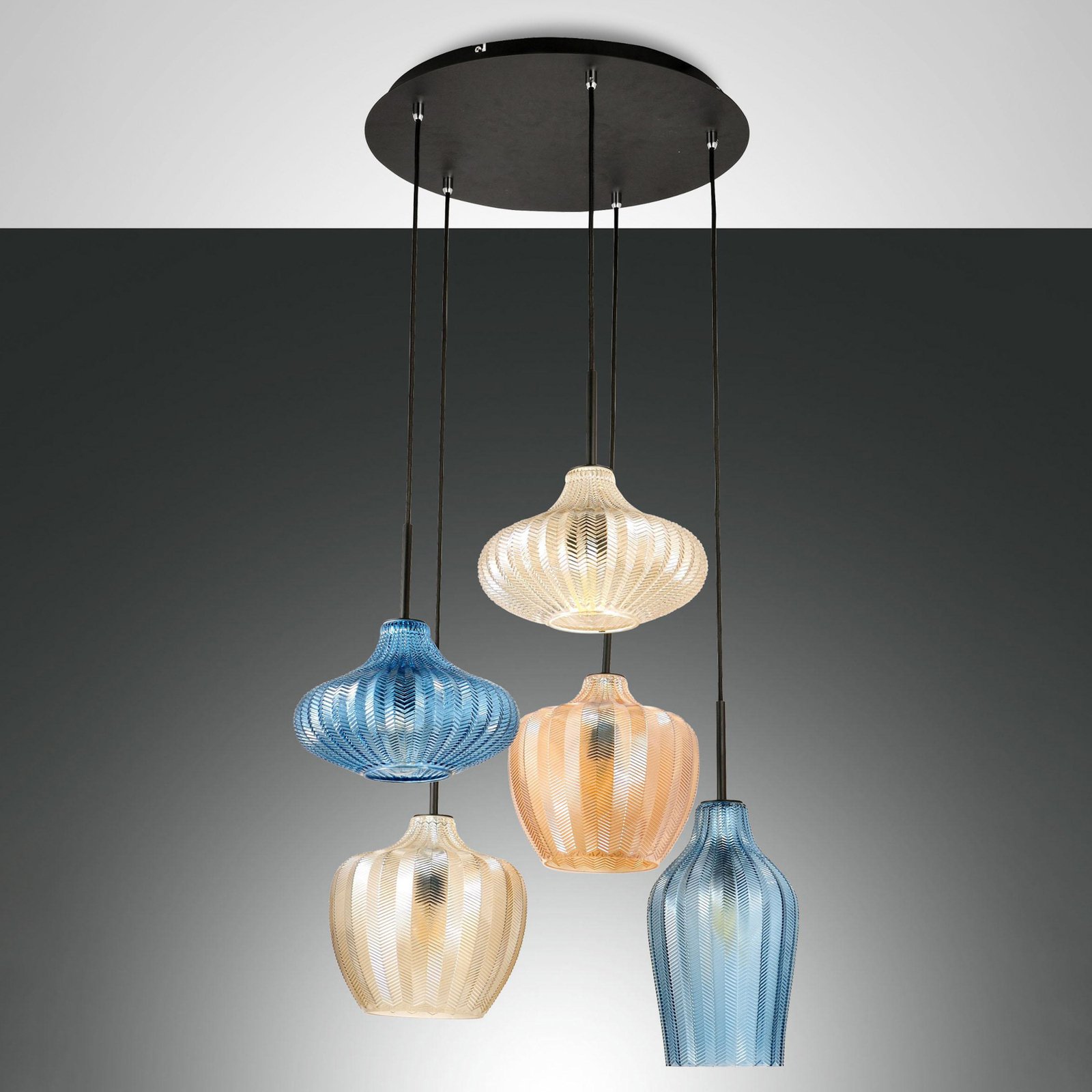 Candeeiro de suspensão Olbia, Ø 50 cm, 5 lâmpadas, âmbar/azul/bege, vidro