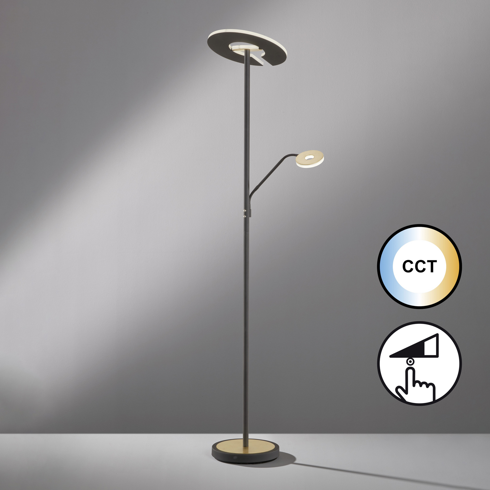 LED vloerlamp Dent, zwart/goud blad, 180 cm, CCT, 2-lamps.