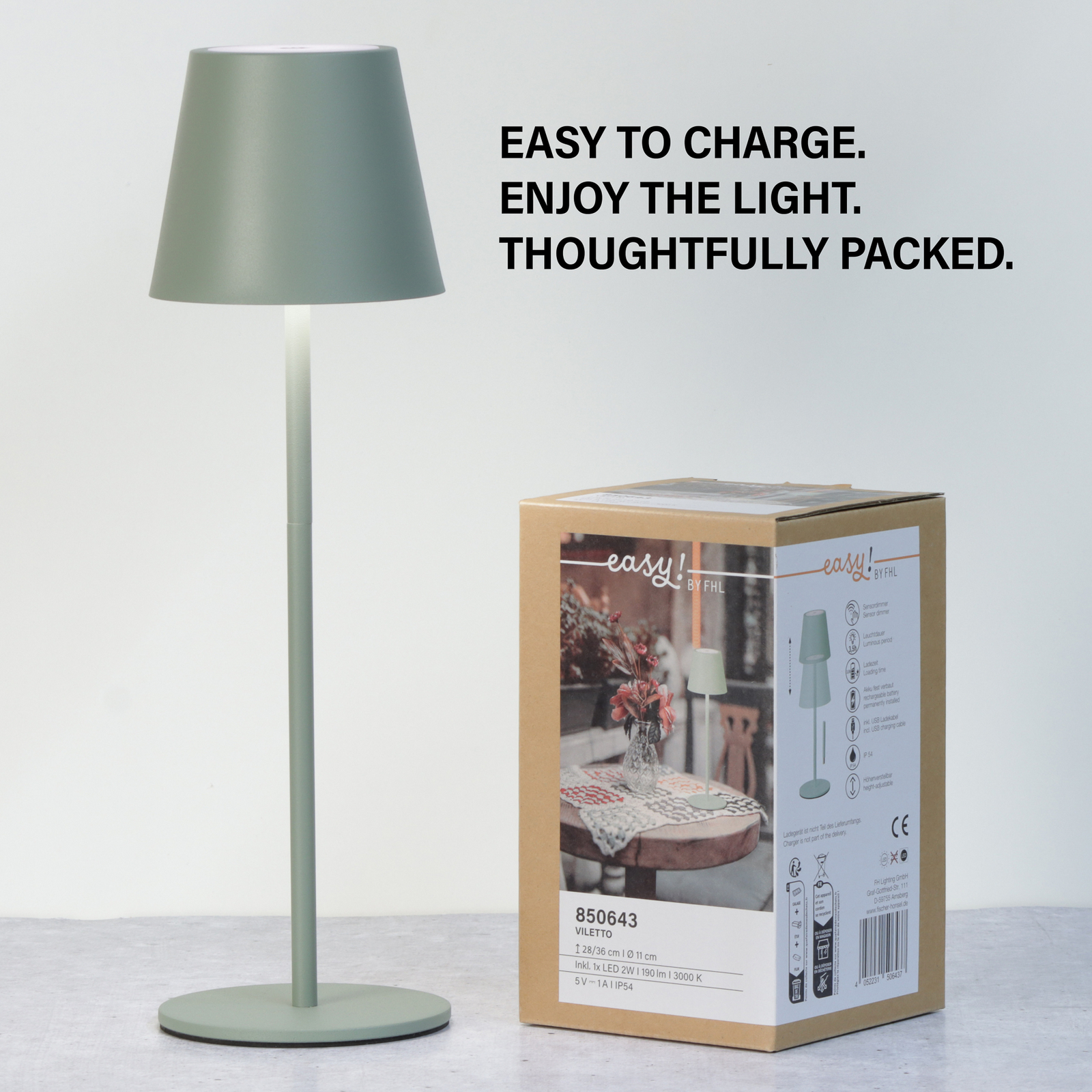 Lámpara de mesa LED recargable Viletto, verde salvia, IP54