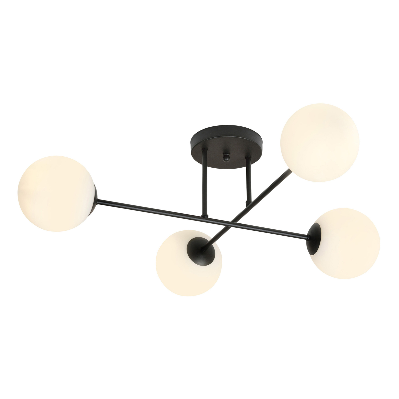 Lámpara de techo Glassy, 4 luces, cruzada, negro/opal