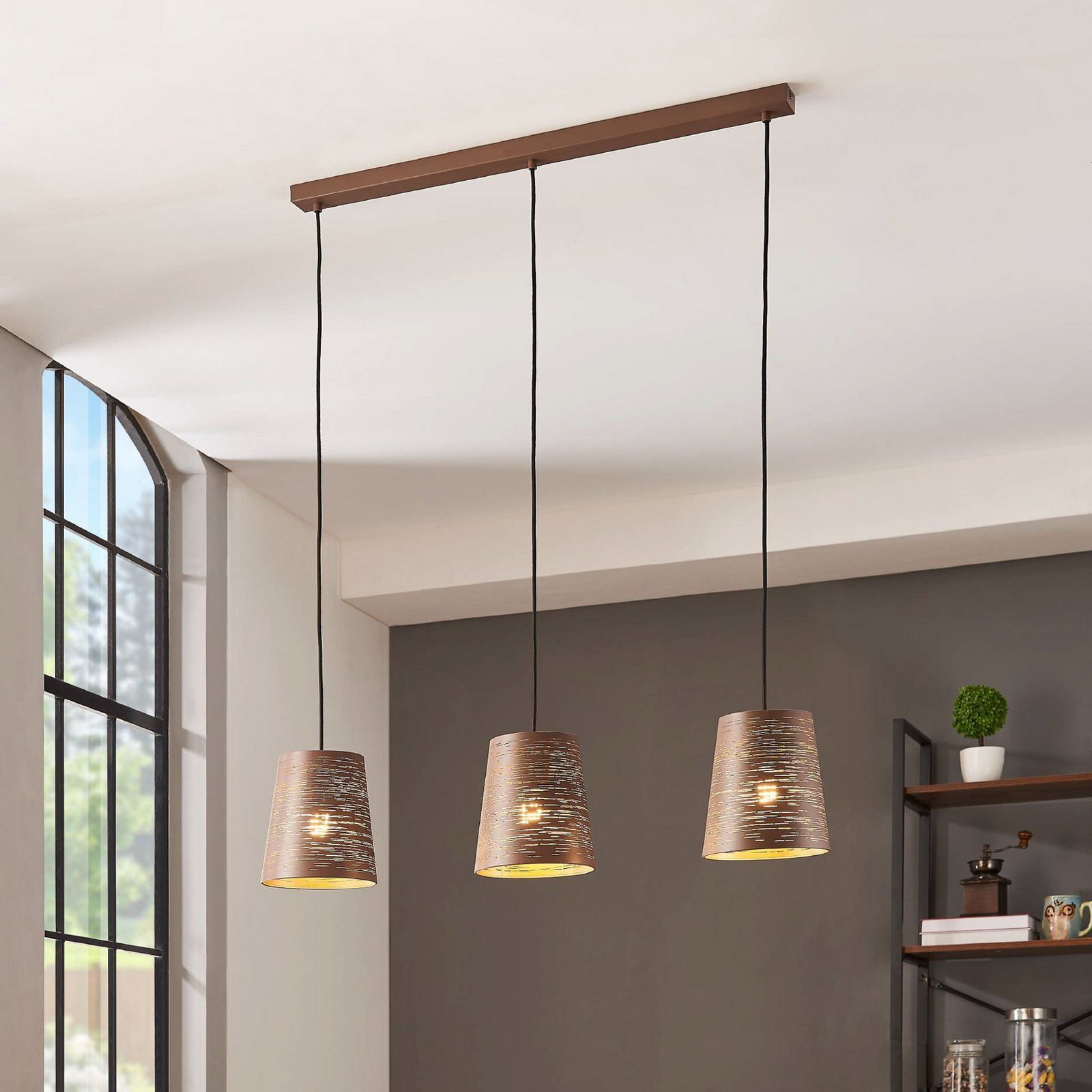 Segezia hanging light, mocha/gold-coloured, length 88 cm, 3-bulb.