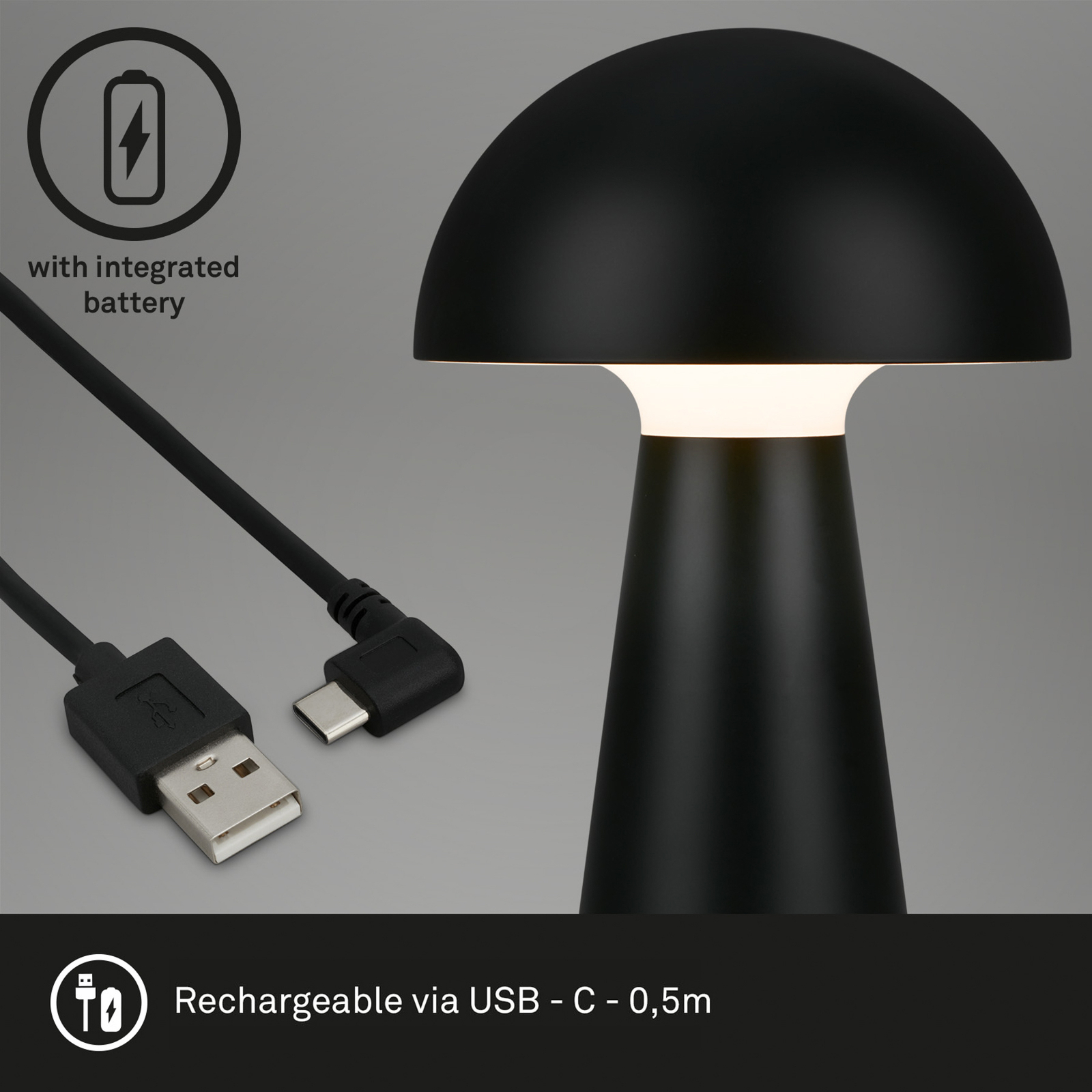 LED įkraunama stalinė lempa "Fungo", įkraunama, juoda