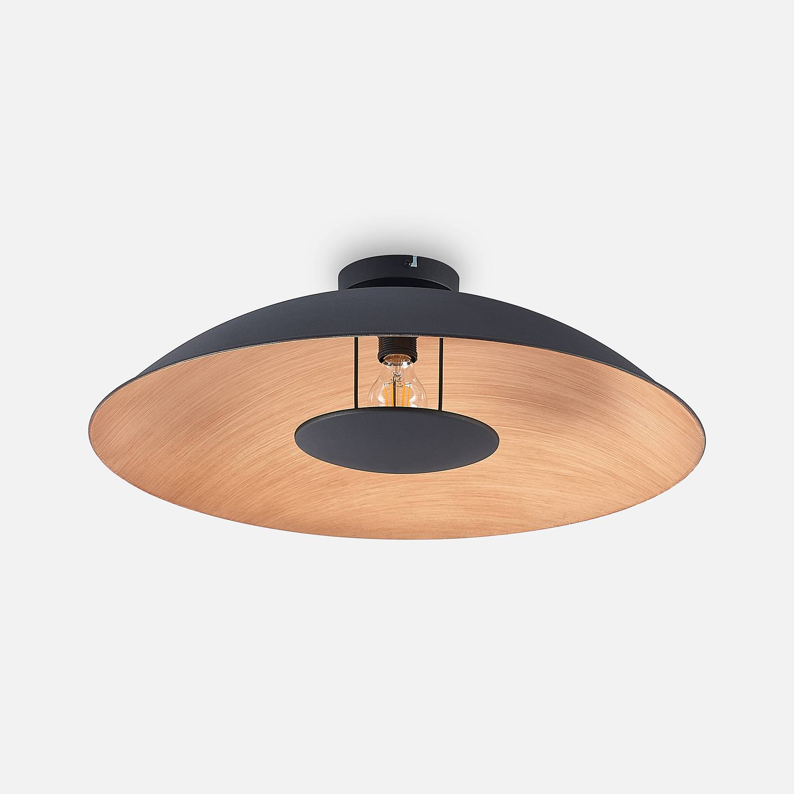 Lindby Entony ceiling lamp, black, wood-coloured, for Living / Dining Room, iron, E27, 60 W, H: 20 cm