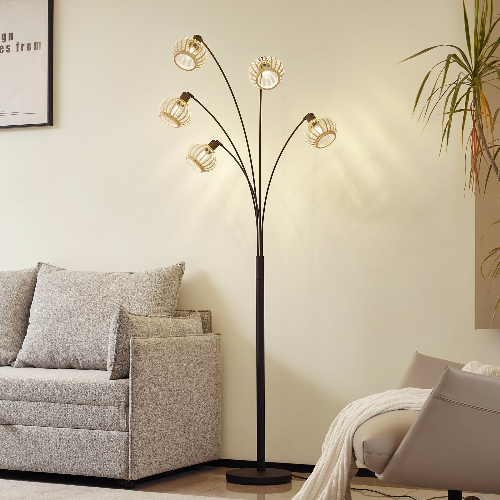 Lindby golvlampa Lielle, naturlig bambu, 5 lampor, 190 cm