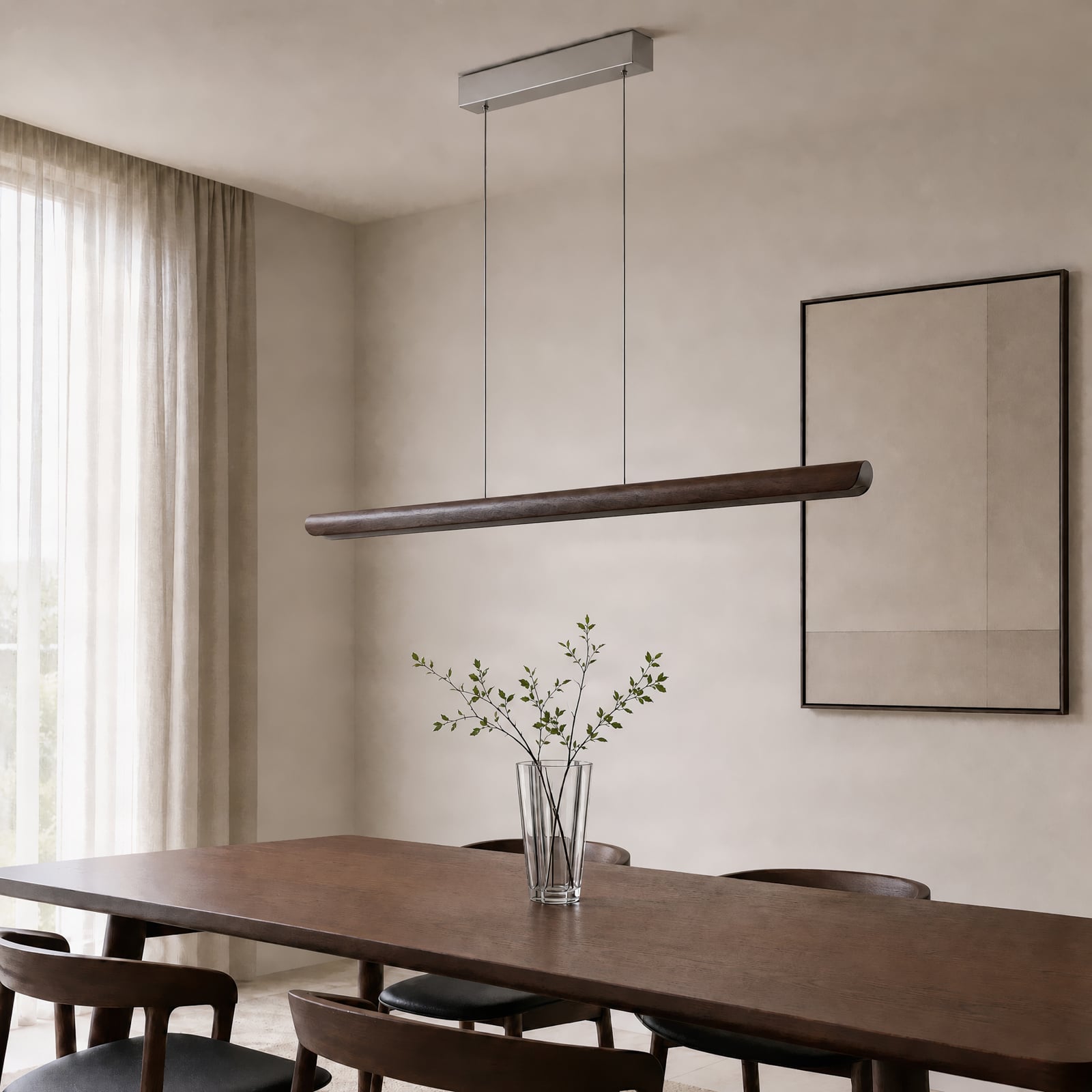 Żyrandol LED Lucande Callahan, drewno orzechowe, długość 115 cm Żyrandol LED Lucande Callahan, drewno orzechowe, długość 115 cm
