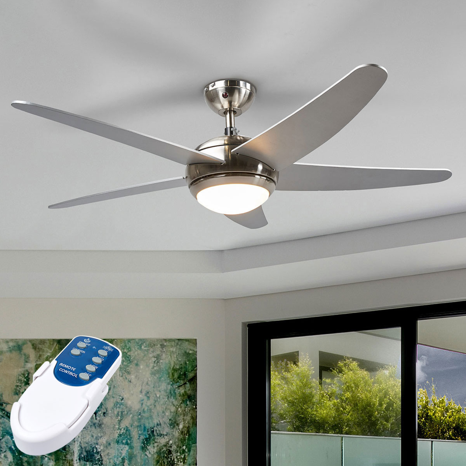 Silberner Deckenventilator Anneka mit Licht Silberner Deckenventilator Anneka mit Licht