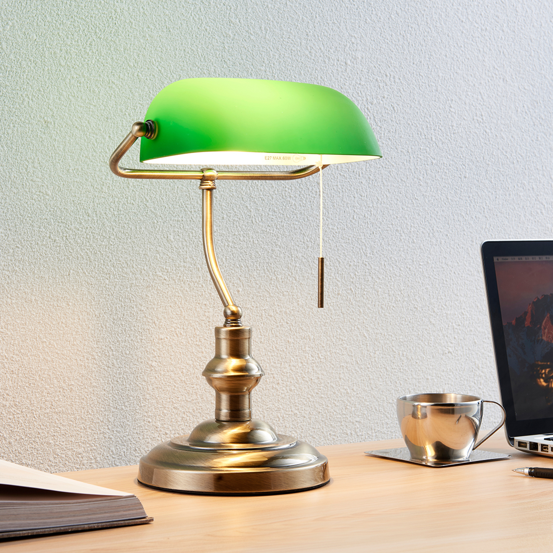 Lindby Milenka - desk lamp with green lampshade, for Living / Dining Room, metal, glass, E27, 60 W, energy efficiency: A++, W: 23 cm, H: 38 cm