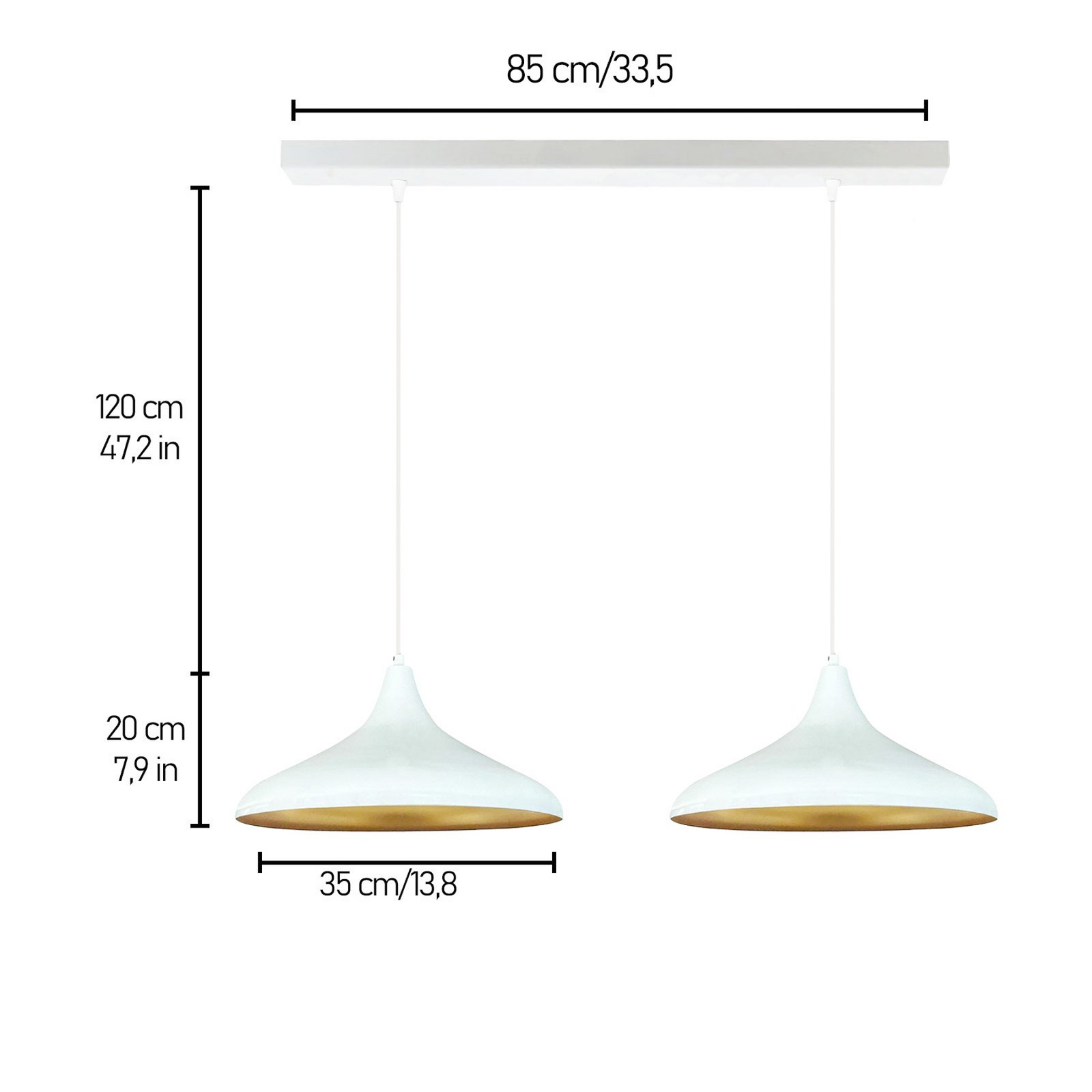 Claus pendant light, white, length 85 cm, 2-bulb, metal