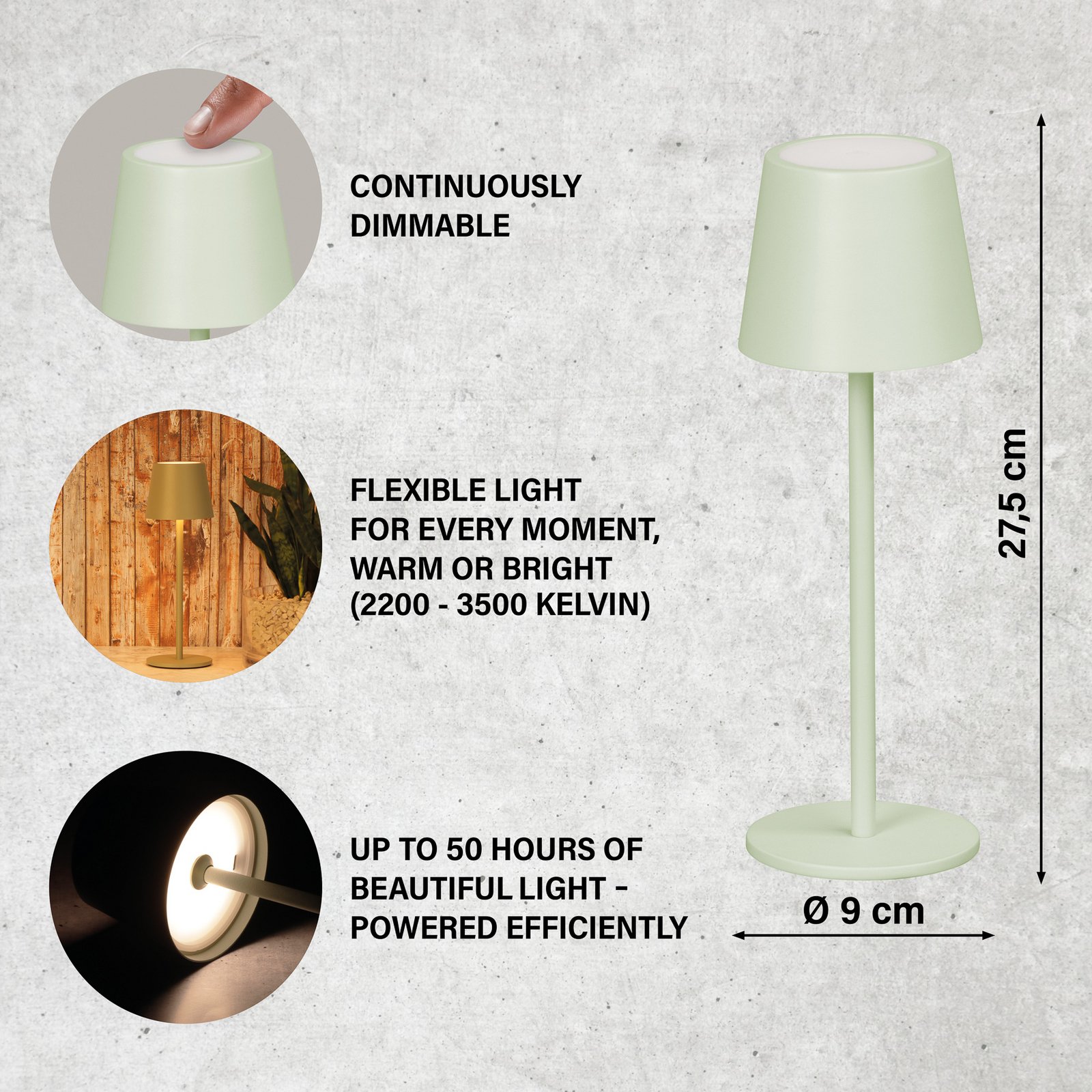 Lampa de masă cu LED și baterie Roxi, verde mentă, metal, IP54, dimabil Lampa de masă cu LED și baterie Roxi, verde mentă, metal, IP54, dimabil