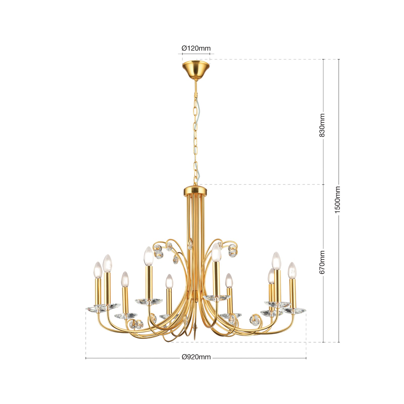 Lustre Ariane, doré, Ø 92 cm, cristal, 10 lampes