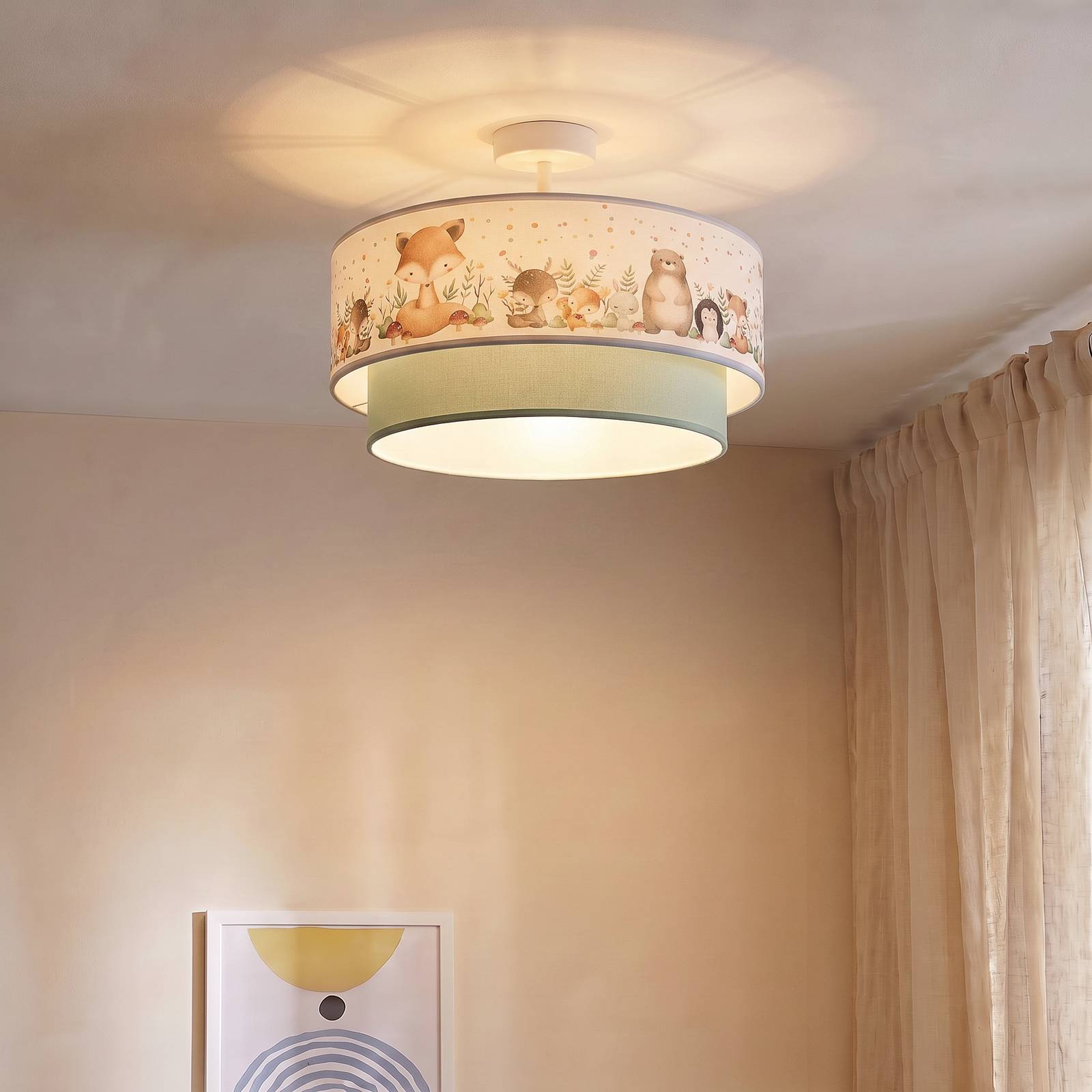 Duolla Boho-plafondlamp voor kinderen, saliegroen/bonte kleuren, Ø 40 cm, textiel, E27