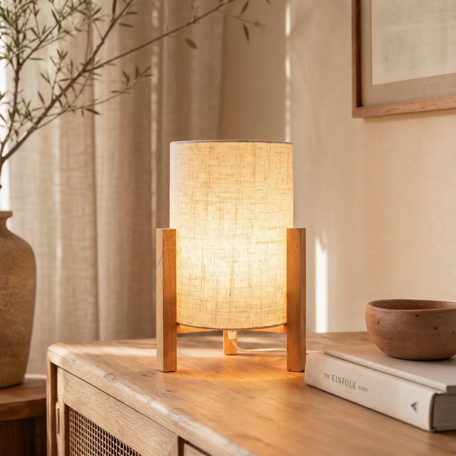 Bordlampe 3193, træ, hørtekstil, højde 32 cm