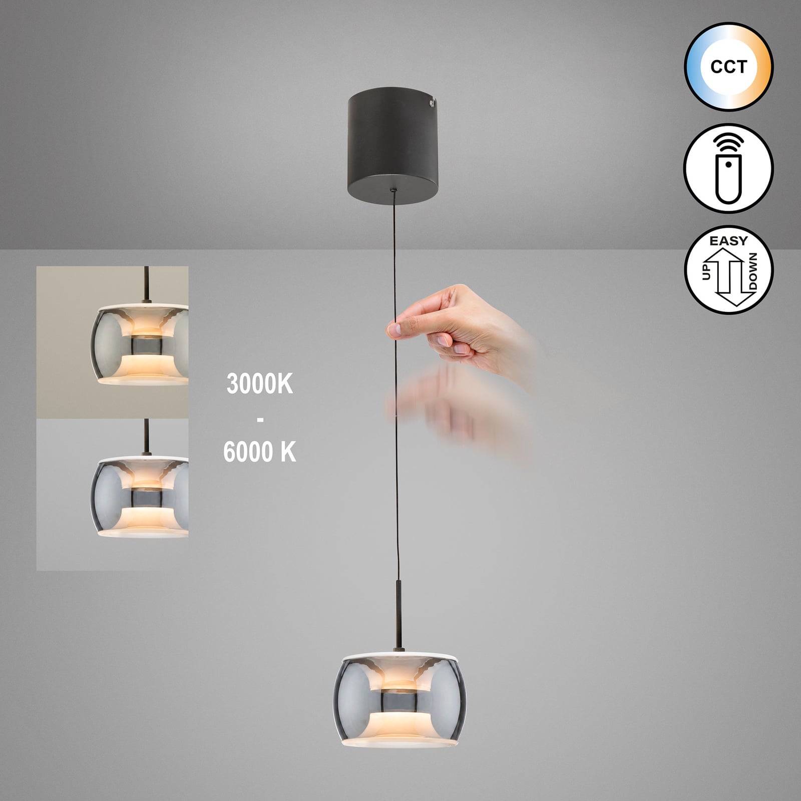 LED-Hängelampe Valen, sandgrau, Ø 15 cm, Metall, CCT