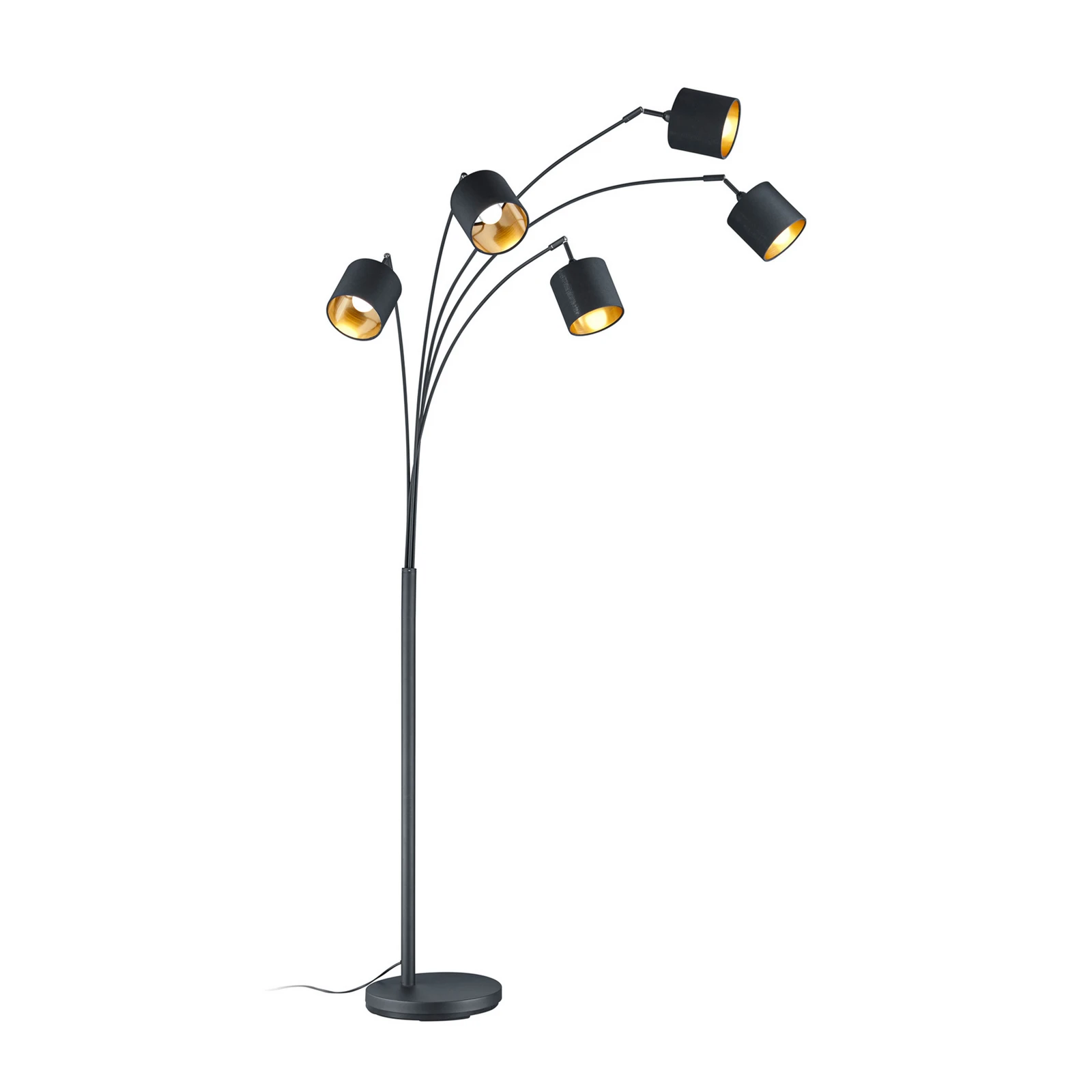 Lampadaire Tommy, noir/or, hauteur 200 cm, 5 lampes, tissu