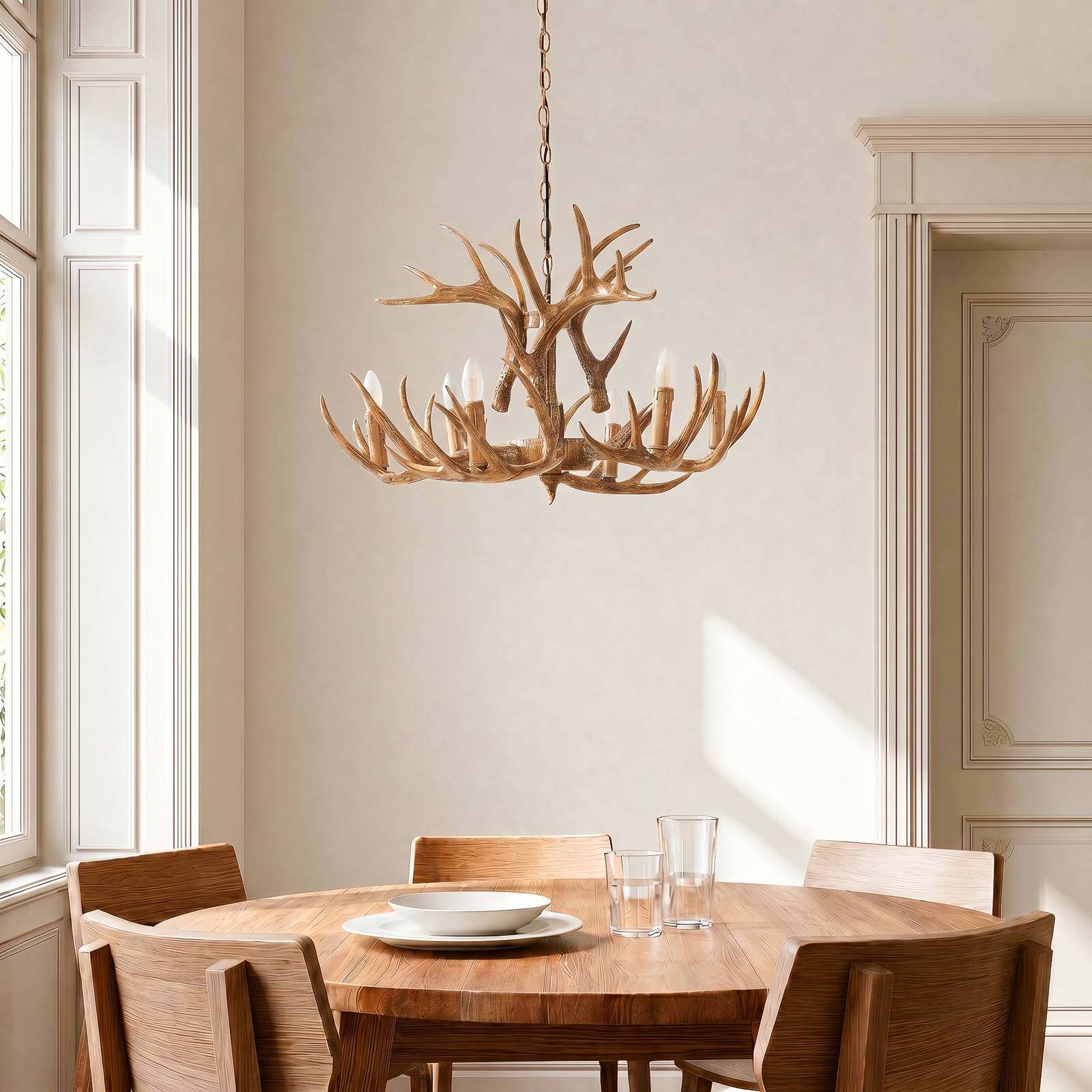 Lampa wisząca Lindby Fibi, brązowa, poroże, 6-punktowa E14