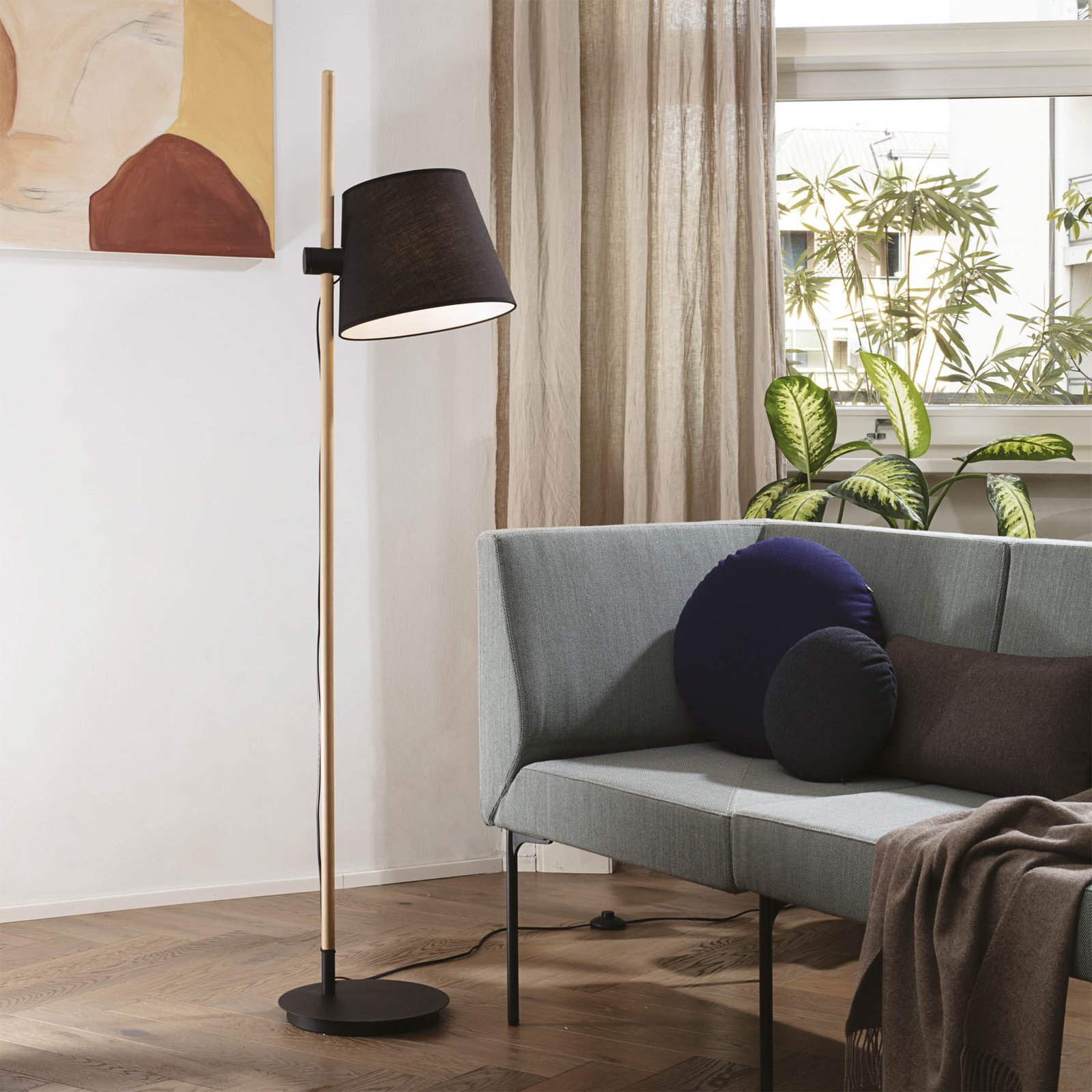 Ideal Lux Axel vloerlamp met hout, zwart/natuur
