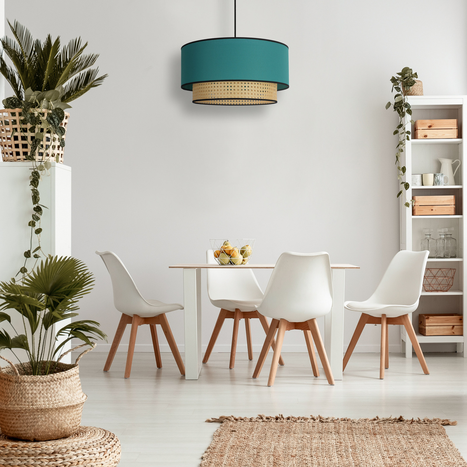 Duolla Boho lampă suspendată ratan textil bej/petrol - Camera de zi / sufragerie - Casă de țară / Rustic - bej petrol negru - Țesătură / Textil