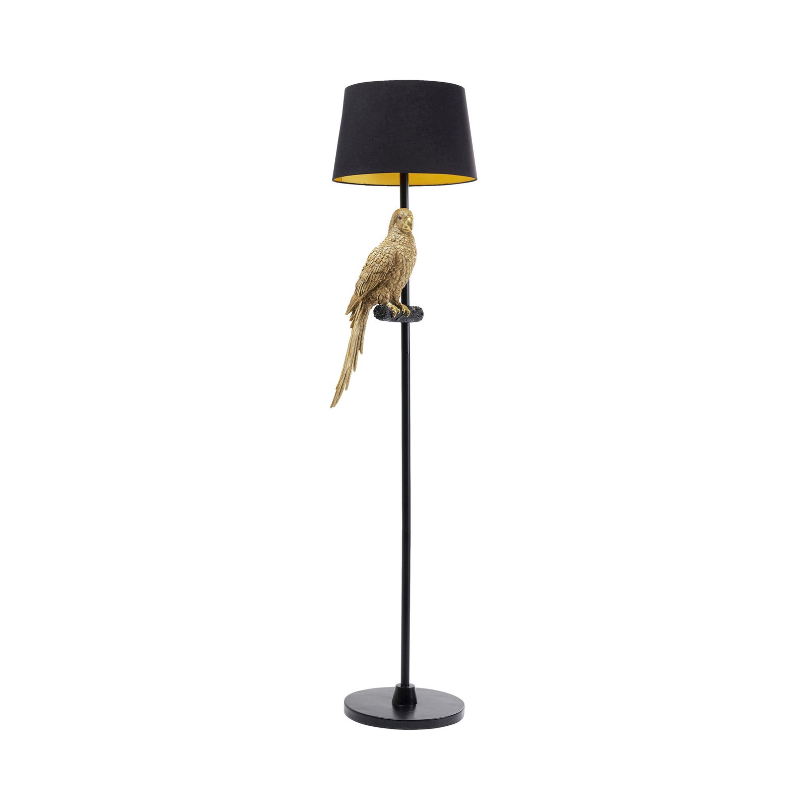 Vloerlamp Kare Animal Parrot, zwart textiel, goudkleurig figuur