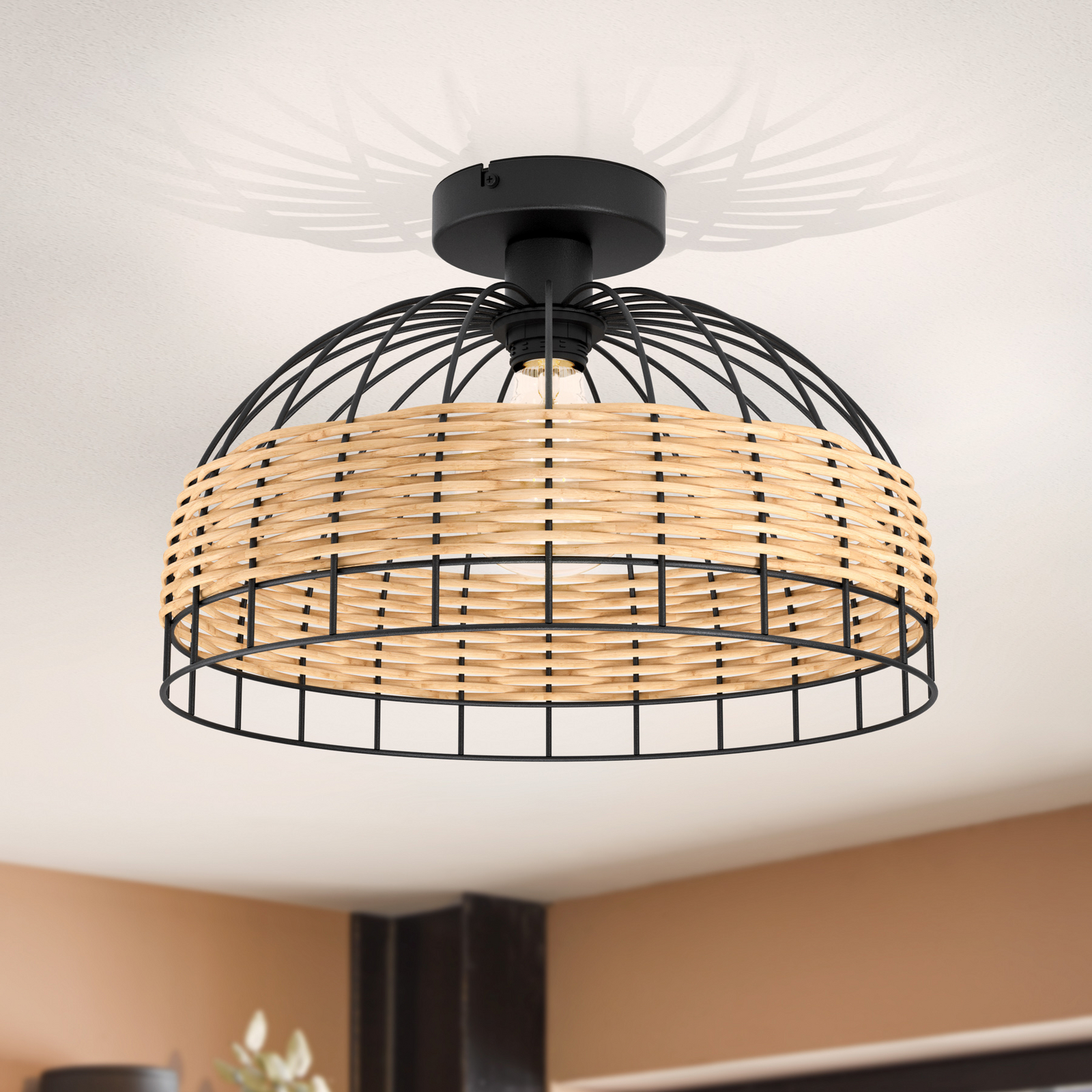 Plafoniera Anwick di acciaio con intreccio rattan