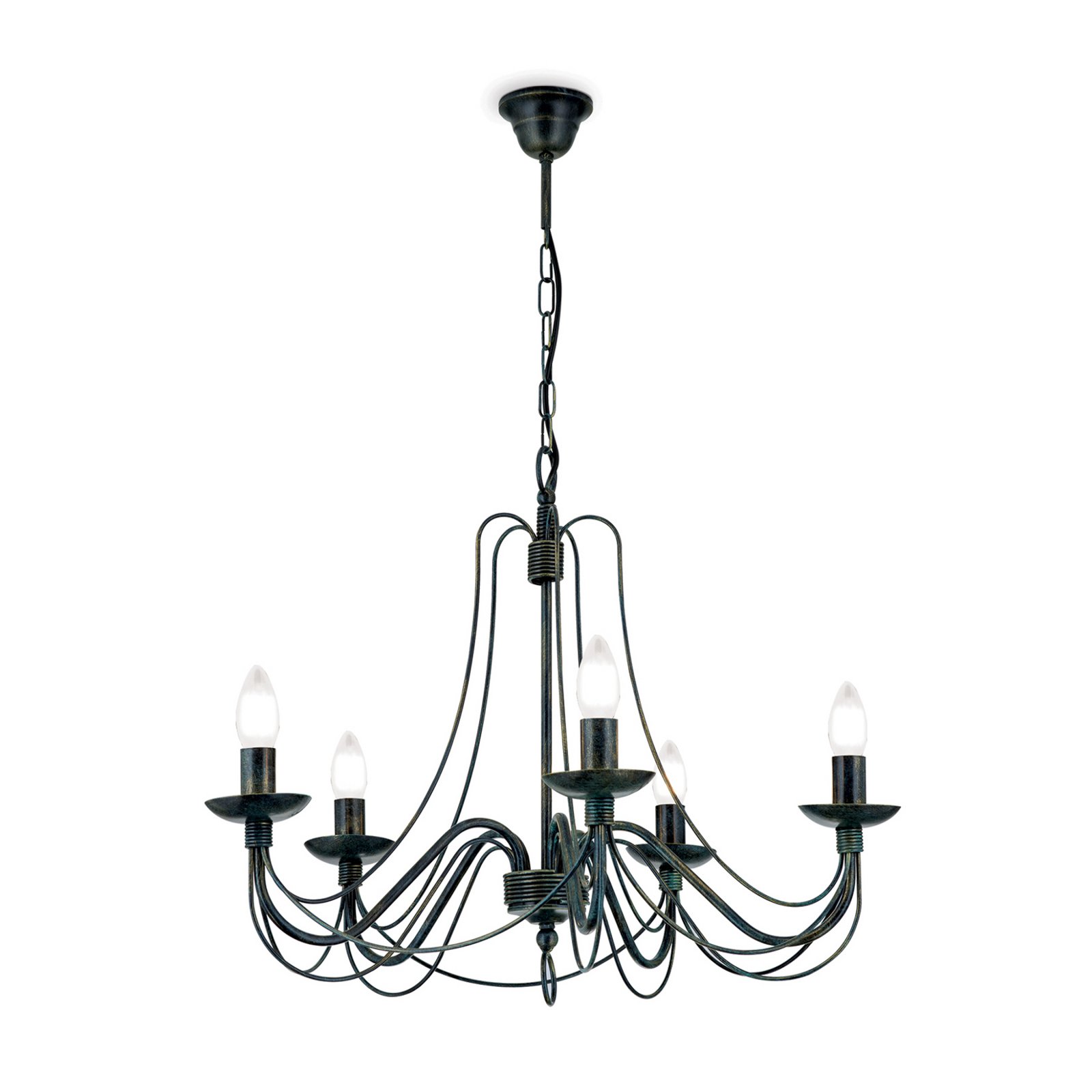 Lustre Vela, cinco luzes, preto-verde antigo