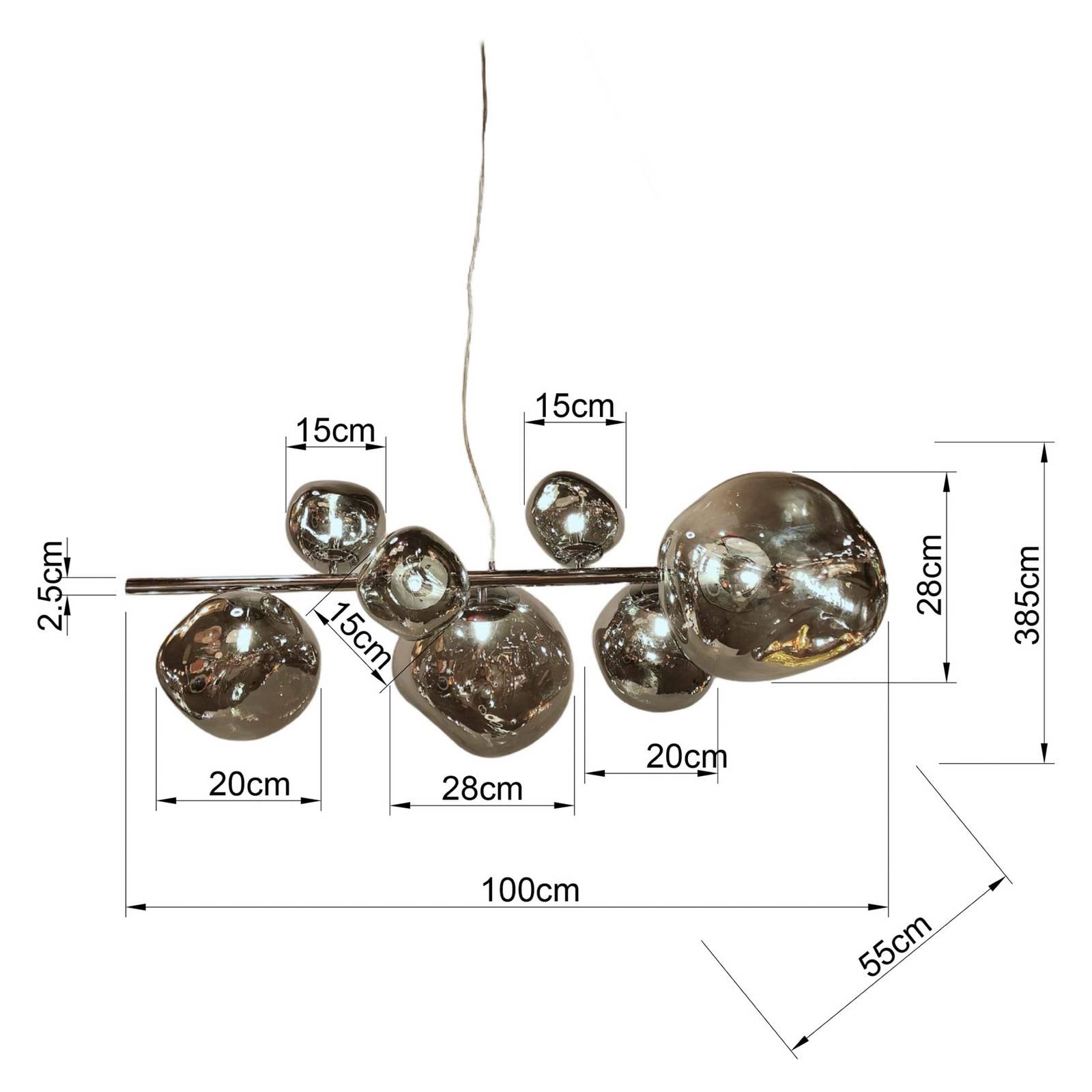 Żyrandol KARE „Burbuja”, srebrny, szklany, długość 100 cm