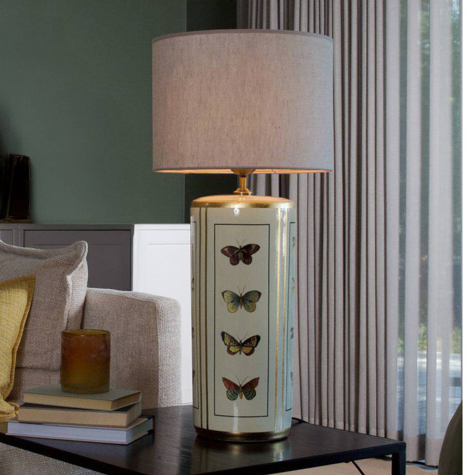 PR Home Lampe à poser Lucca, beige, hauteur 67 cm, toile de lin, céramique