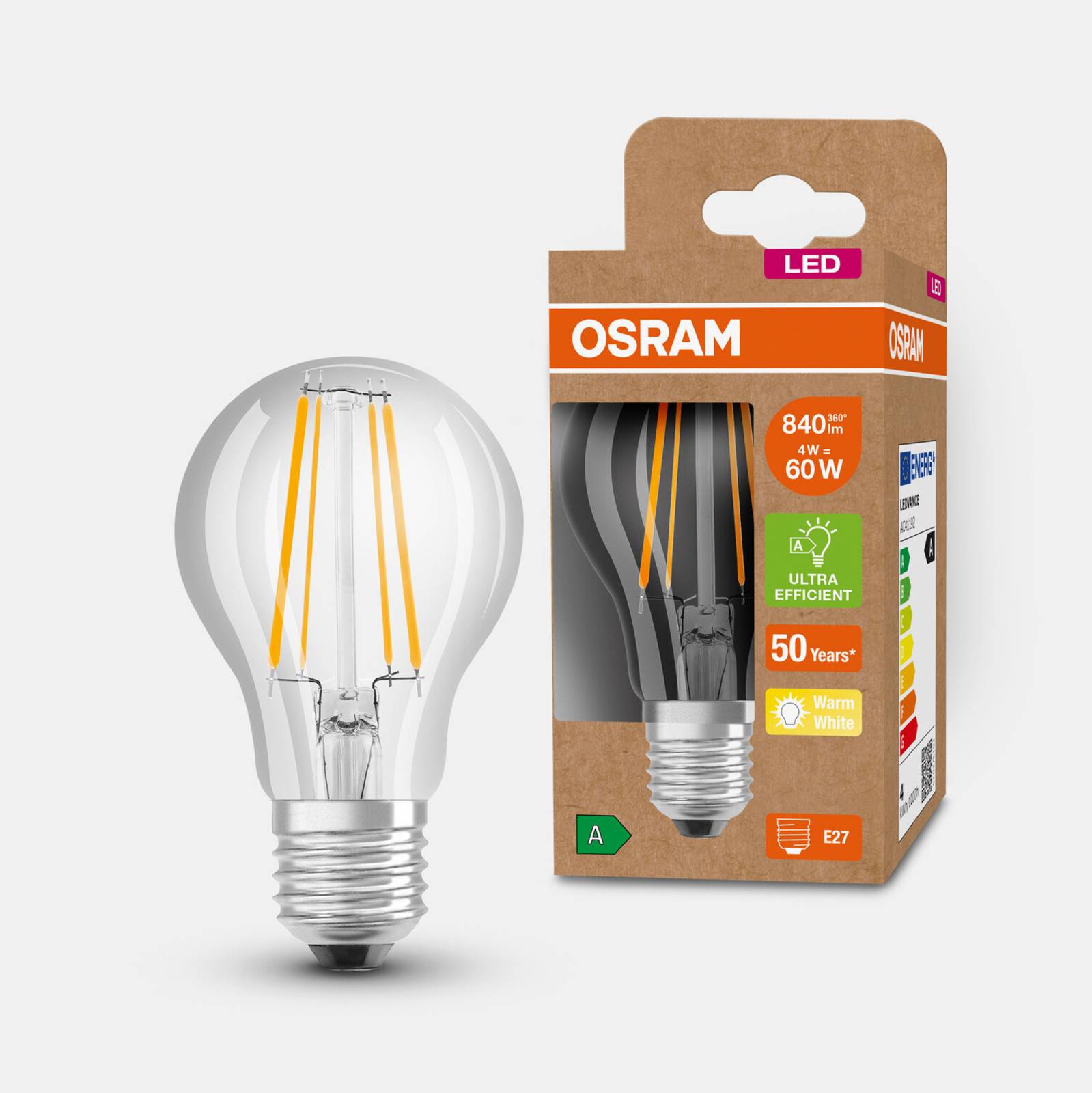 OSRAM LED-lampa E27 A60 4W 840lm 3.000K klar
