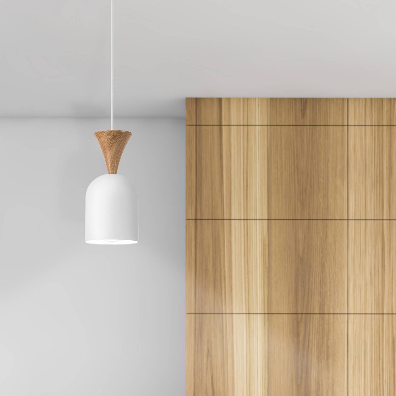Lampa wisząca Nolan, Ø 11 cm, biała/dąb, metal/drewno