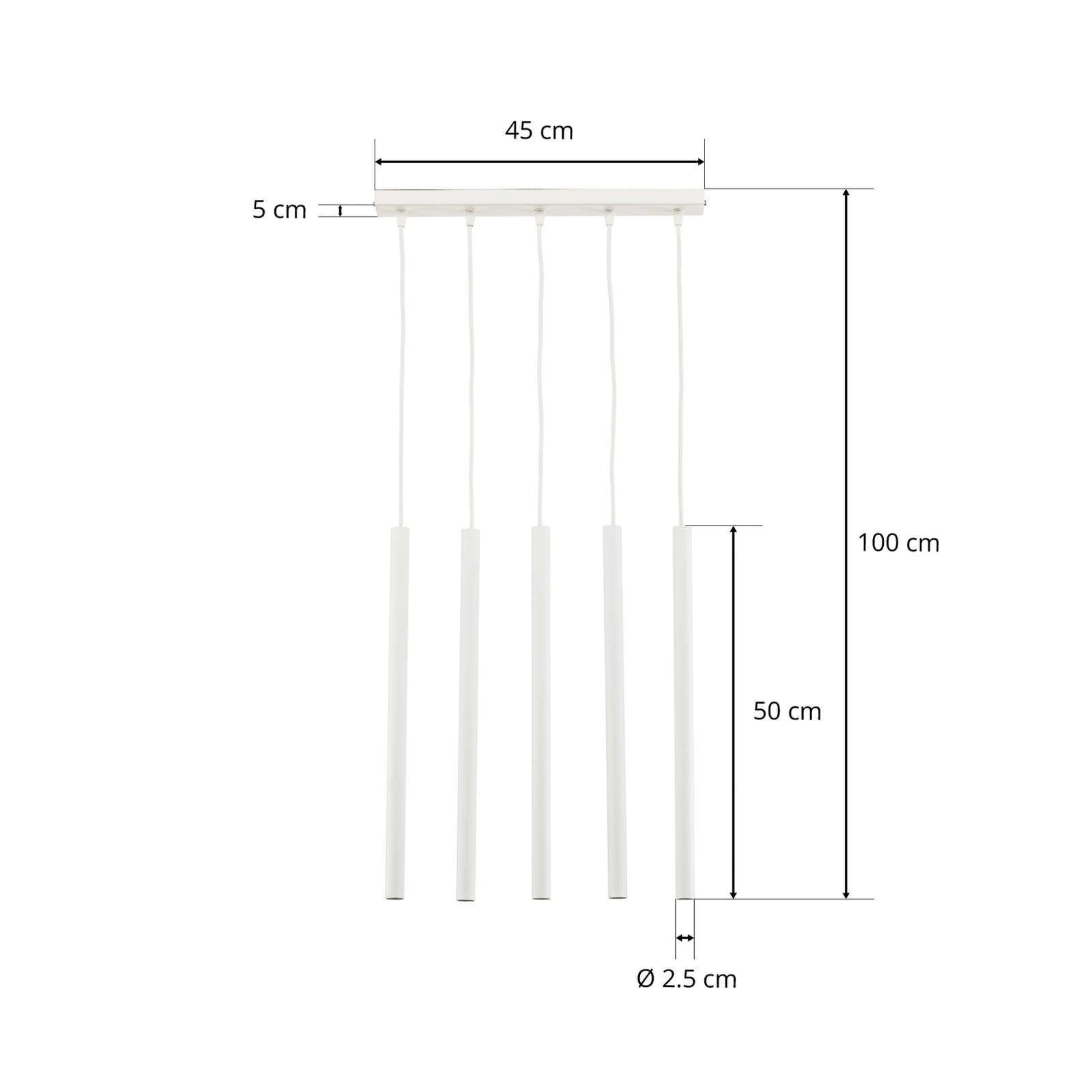 Thin pendant light, white, 5-bulb, linear