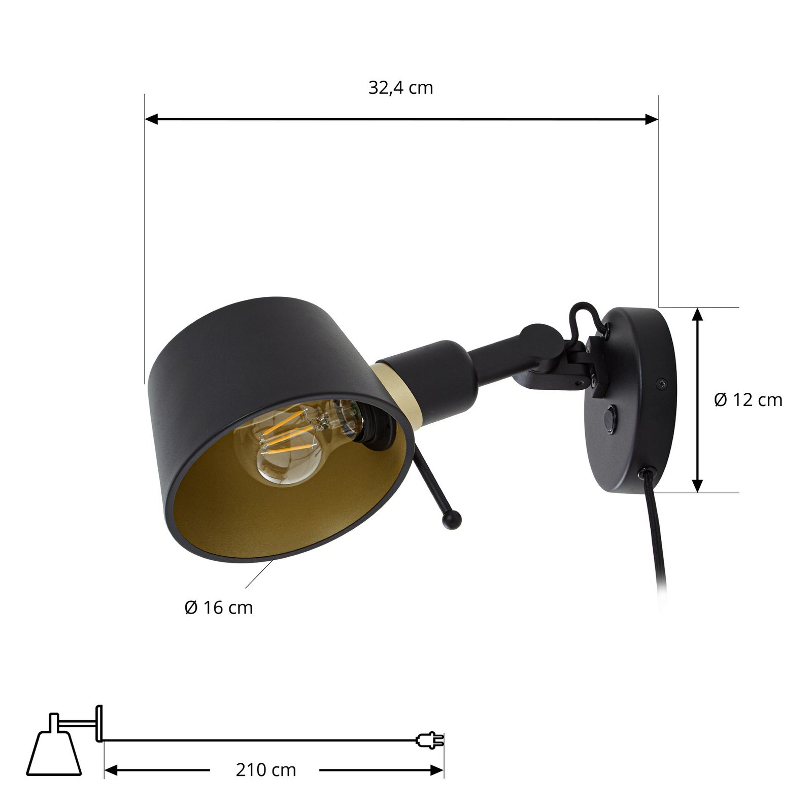 Silka fali lámpa, 14 cm, fekete, rugalmas, dugasz - Lucande