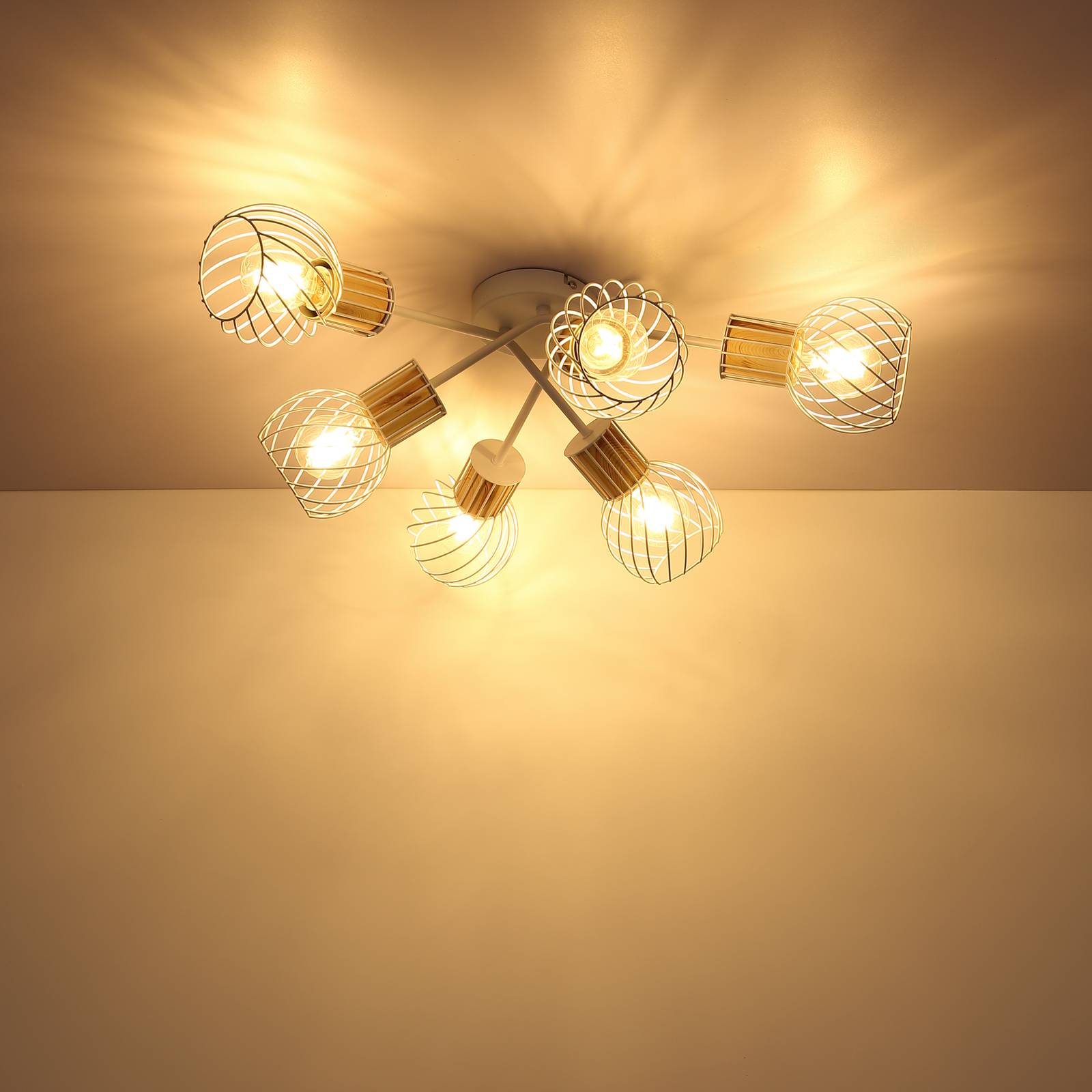 Luise loftlampe i hvid og trælook 6 lyskilder
