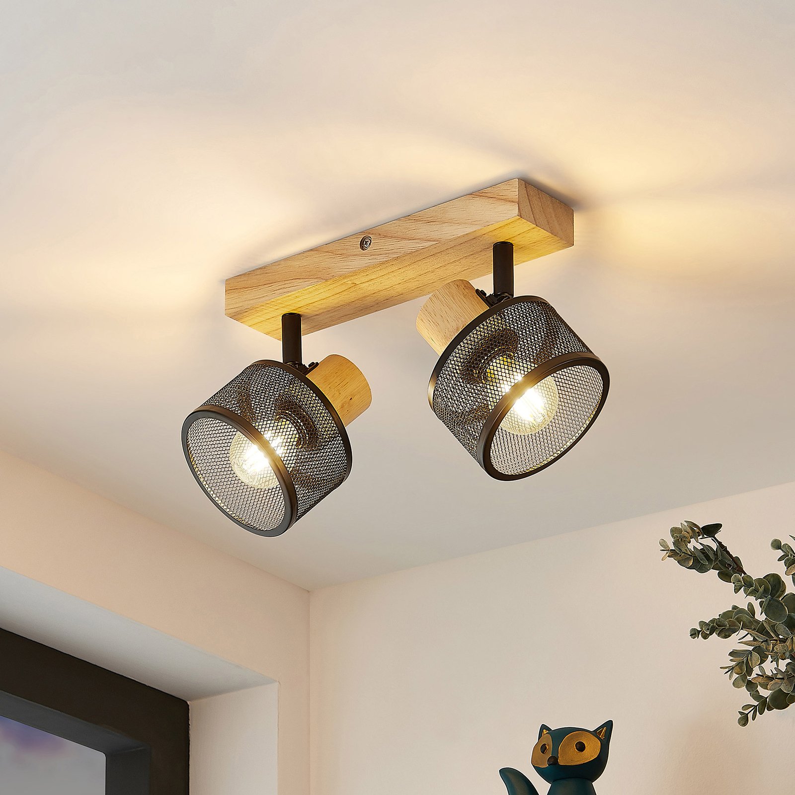 Lindby Evinora ceiling spotlight, wood, 2-bulb