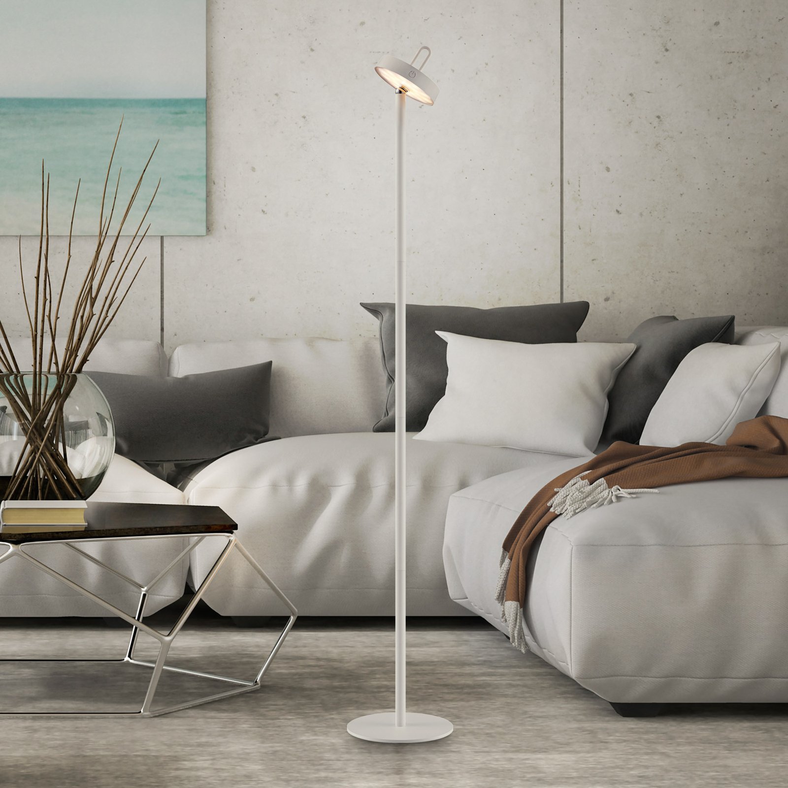 JUST LIGHT. Amag rechargeable LED floor lamp, grey-beige iron IP44