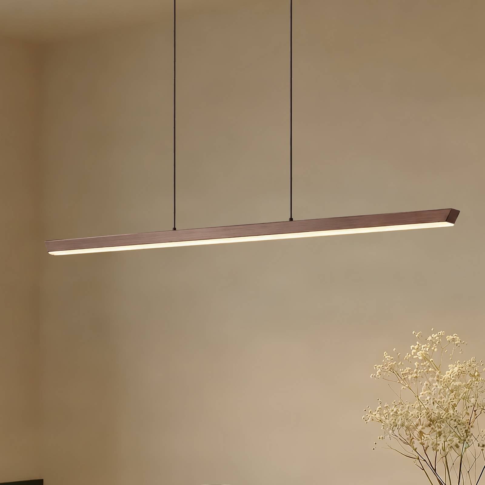 Żyrandol LED Lucande Solvar, 117 cm, brązowy, CCT, ściemniany