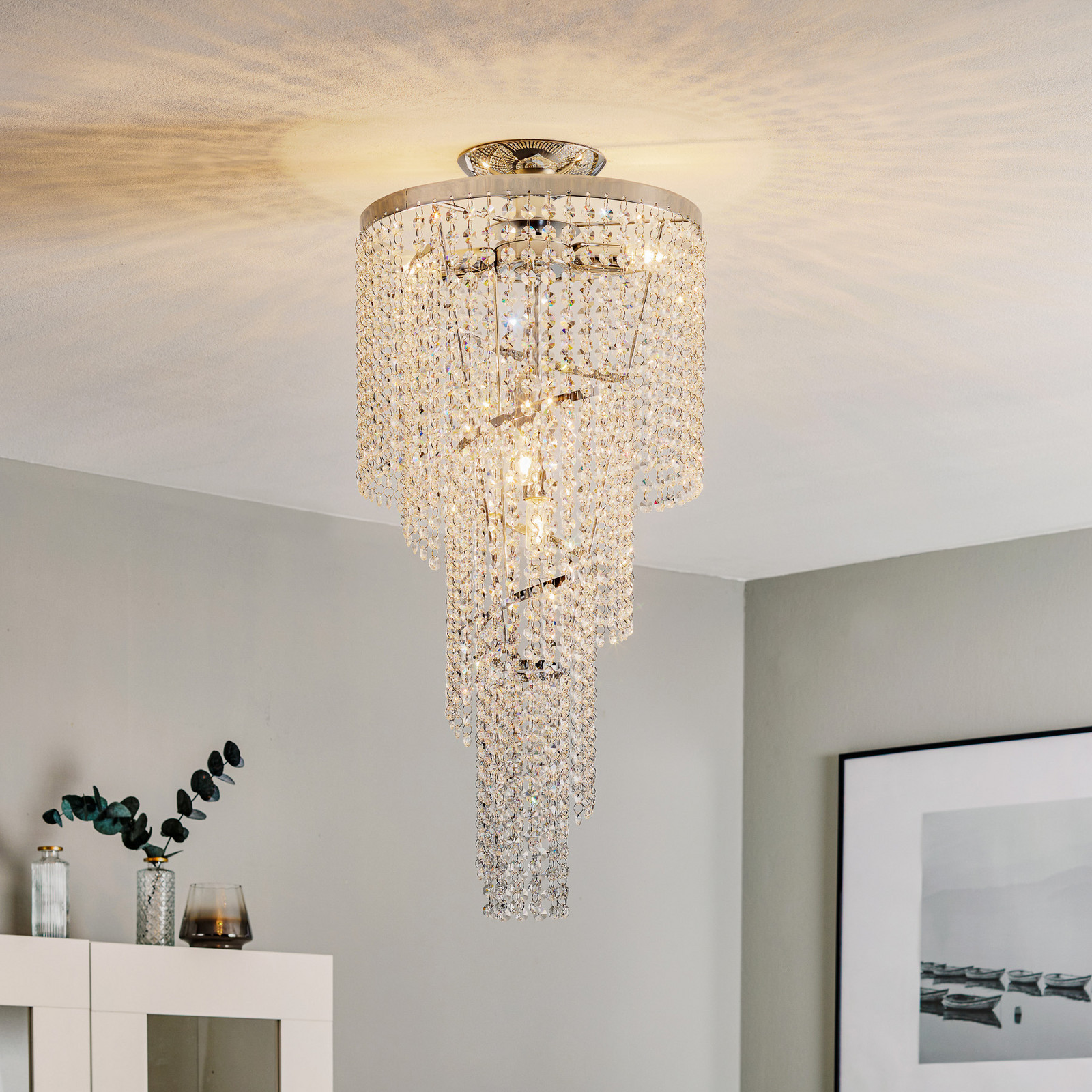 ONLI Plachetă plafonieră Elica cu spirală de cristal Ø 35cm - Camera de zi / sufragerie - crom transparent - Metal