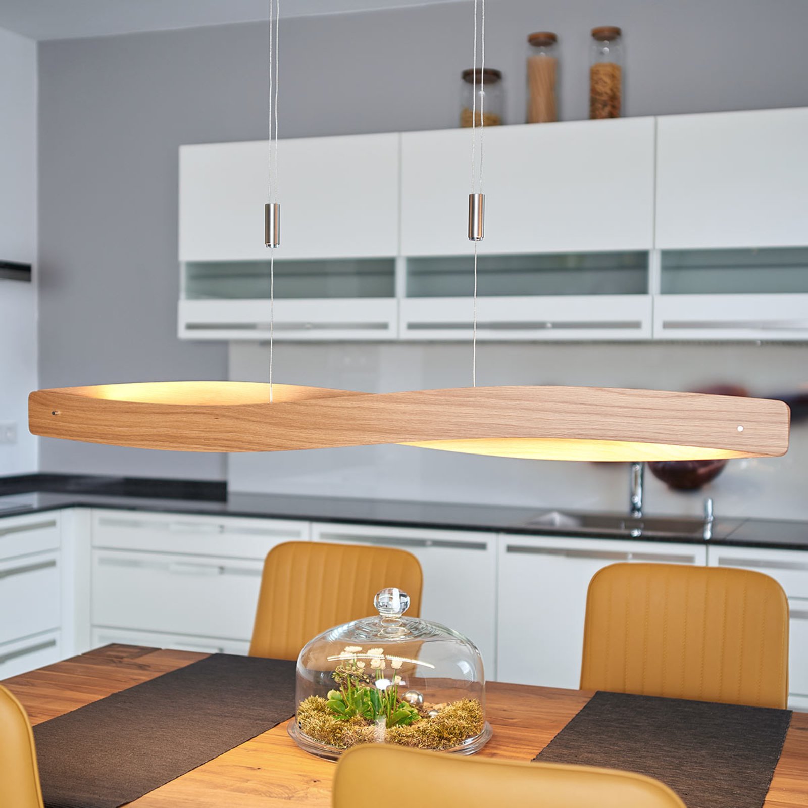 Lucande Lian LED hanging light with wood veneer, for Living / Dining Room, wood veneer, aluminium, steel, brass, 34 W, energy efficiency: A+, L: 119 cm, W: 11 cm, H: 10 cm