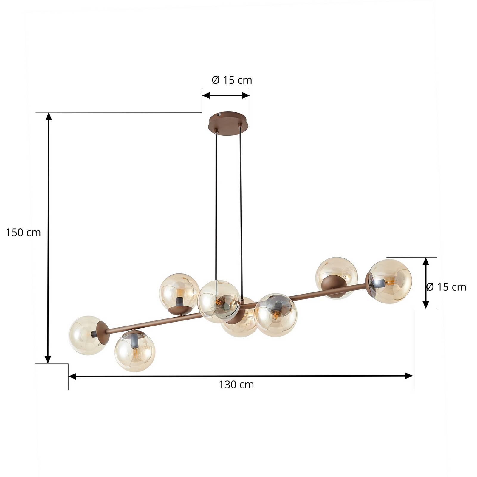 Lampa wisząca Lindby Isamer, kolor brązowy jak kawa/bursztynowy, długość 130 cm