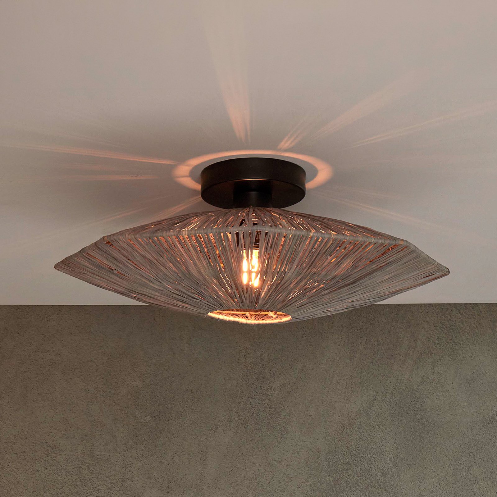 GOOD & MOJO Panama ceiling light, dark grey, Ø 45cm, raffia