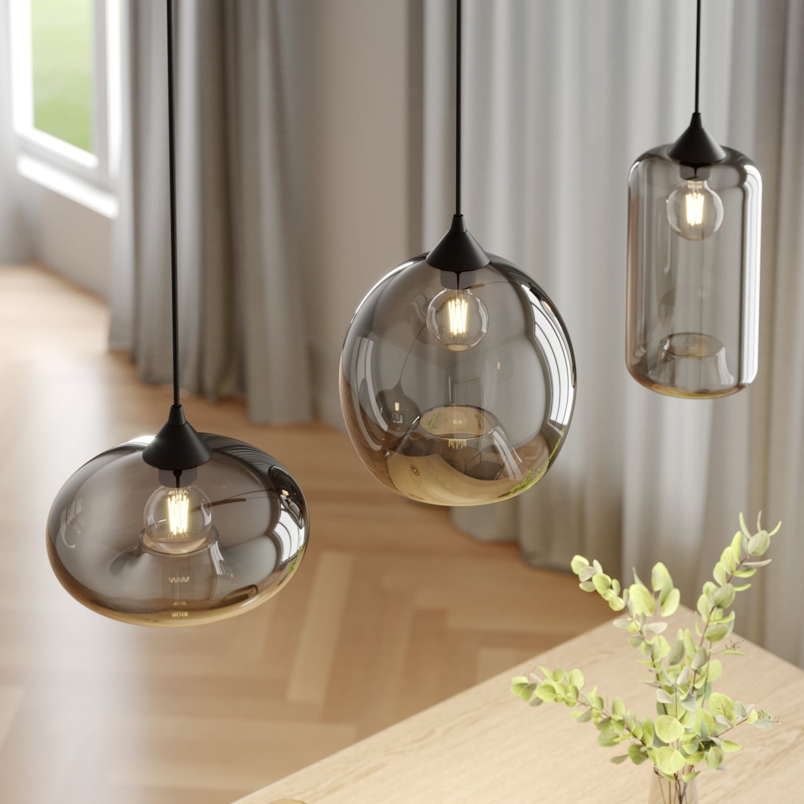 Lindby hanglamp Marla, 3-lamps, glas, rookgrijs, E27