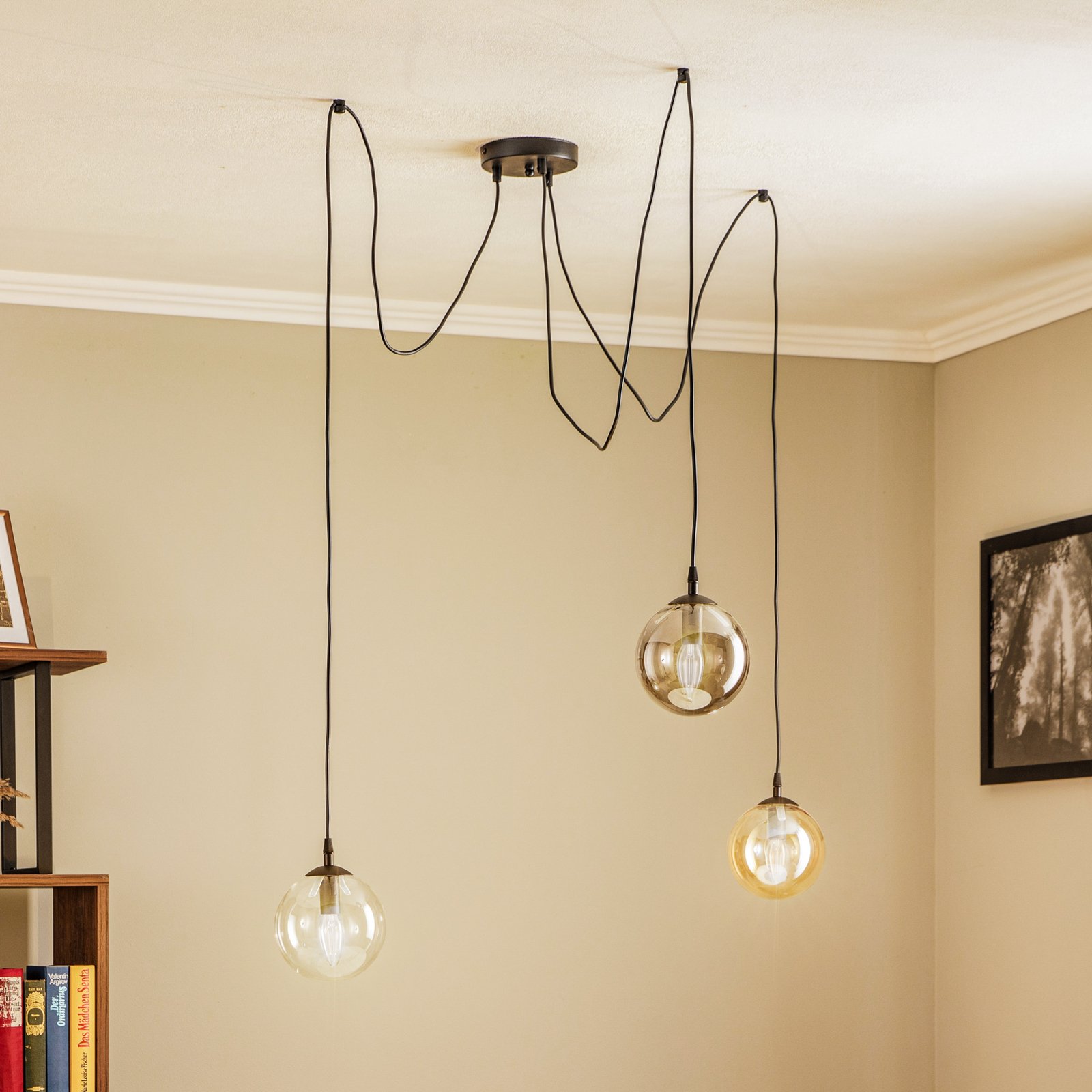 Glassy hanglamp, 3-lamps, decentraal, grafiet/amber/helder
