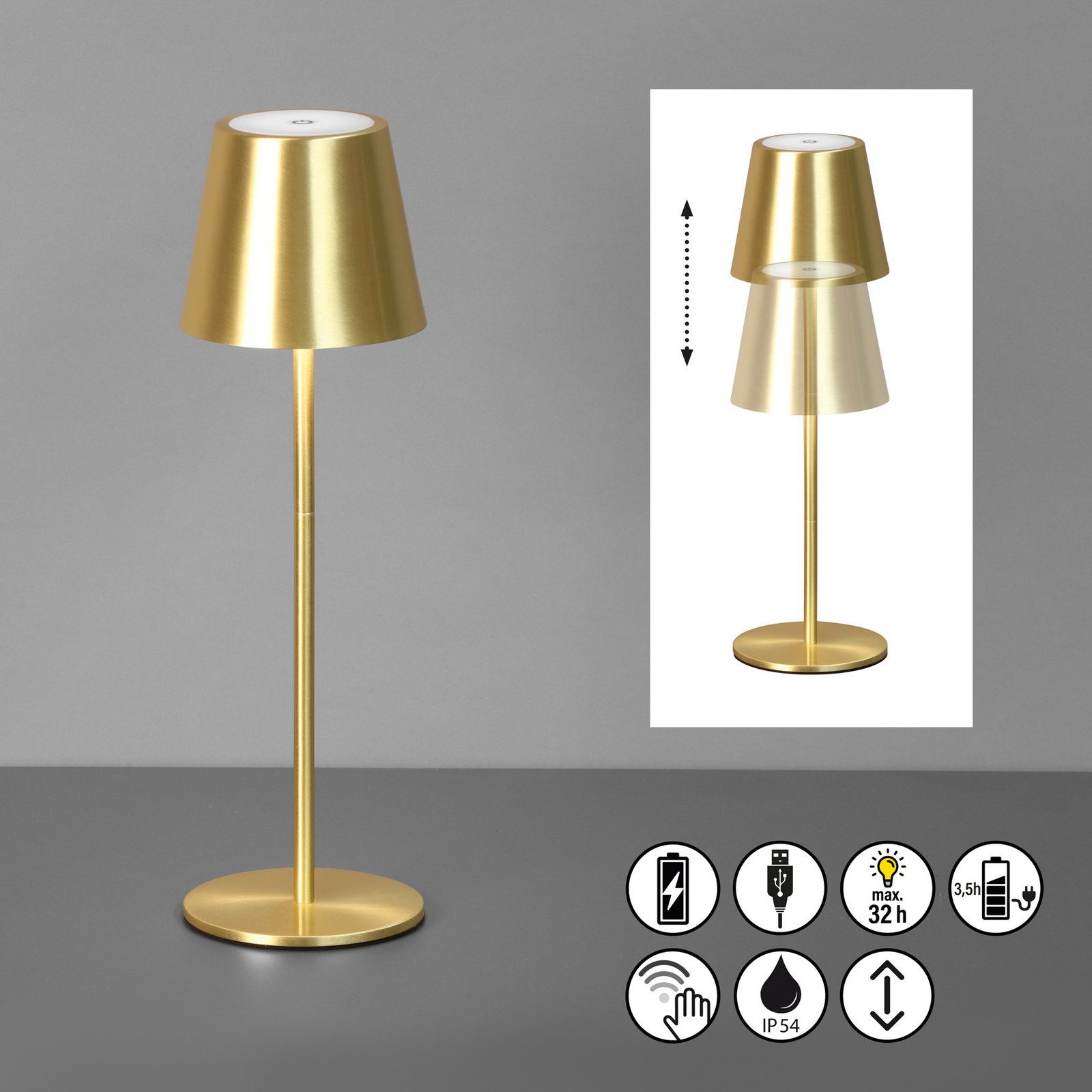 LED-Akku-Tischleuchte Viletto, messingfarben, IP54