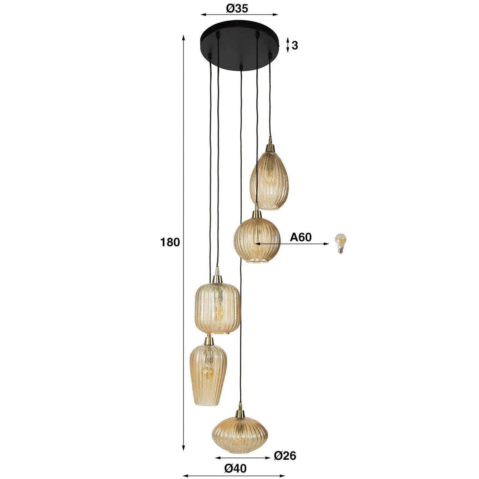 Lampa wisząca V-Shape, bursztyn, Ø 40 cm, szkło, 5-punktowa