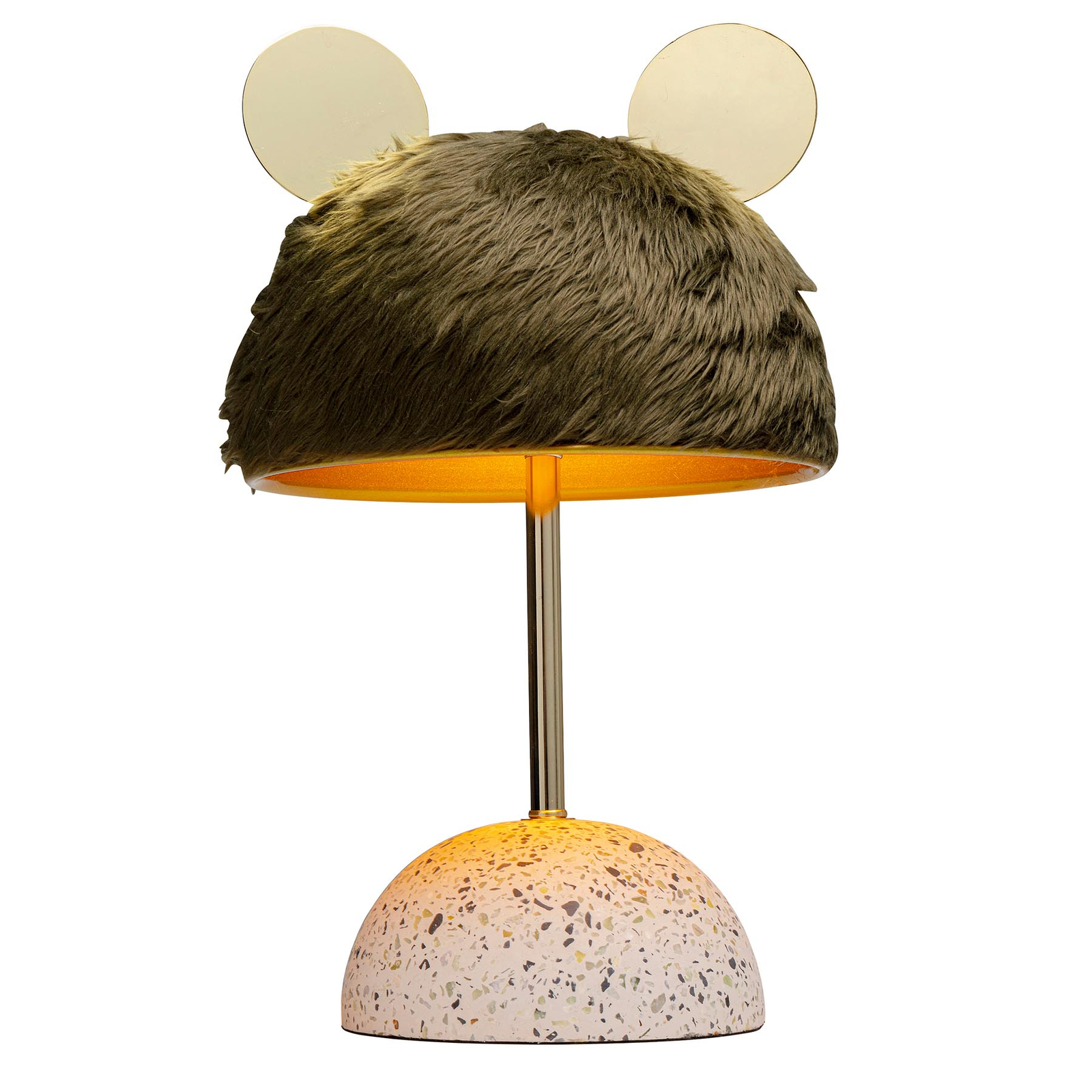 Kare KARE Ear table lamp, lampshade with a fur look, for Living / Dining Room, Terrazzo cement, polished steel, polyester, E27, 40 W, energy efficiency: A++, H: 45 cm