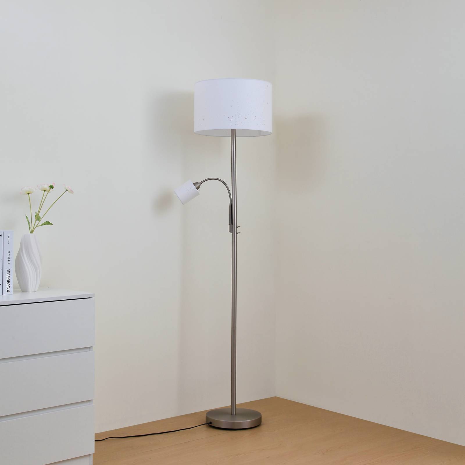 Lampa stojąca Lindby Jaileen, biała, tekstylna, 170 cm, lampka do czytania