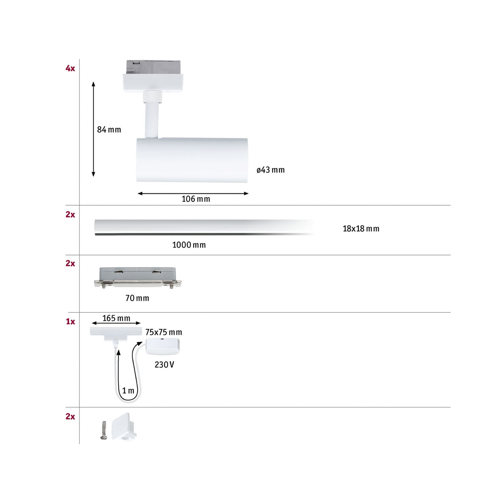 Set Paulmann URail Tubo, alb, 4 becuri, alimentare prin cablu Set Paulmann URail Tubo, alb, 4 becuri, alimentare prin cablu