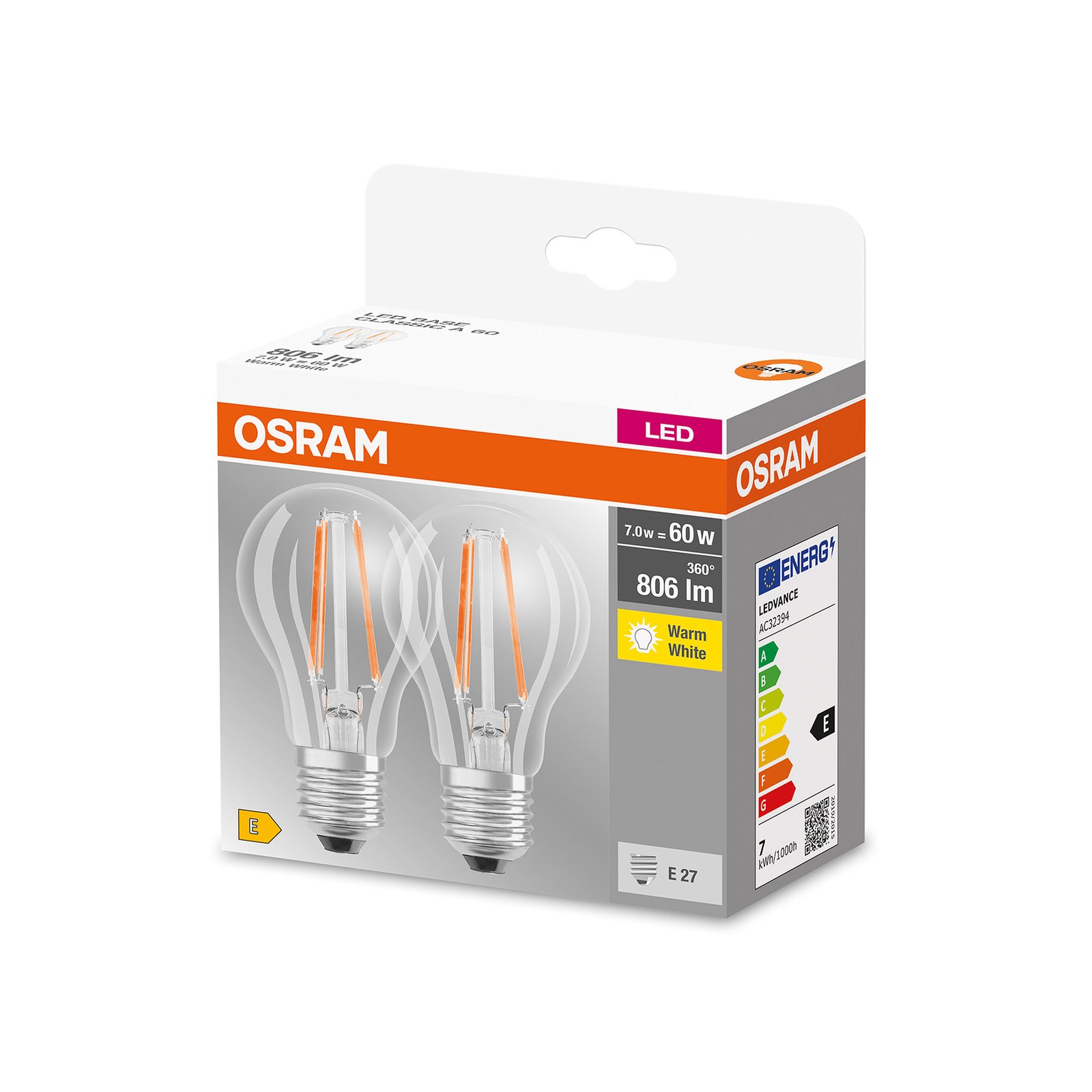 OSRAM LED hõõglamp E27 6,5W 827 läbipaistev 2 tk komplektis