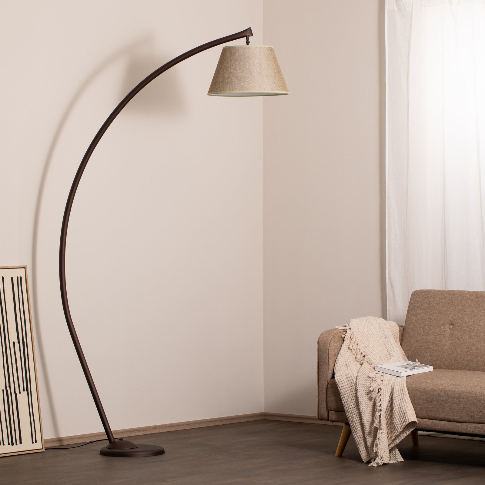 Lampe sur pied Sinea, brun/sable, hauteur 110 cm, fer, textile
